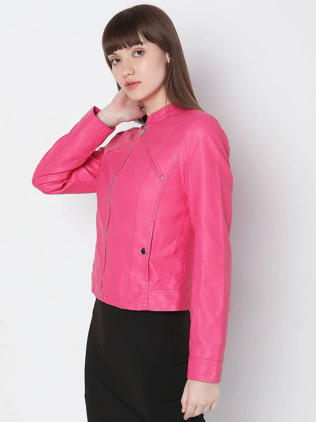 Hot Pink Faux Leather Biker Jacket - Image 3