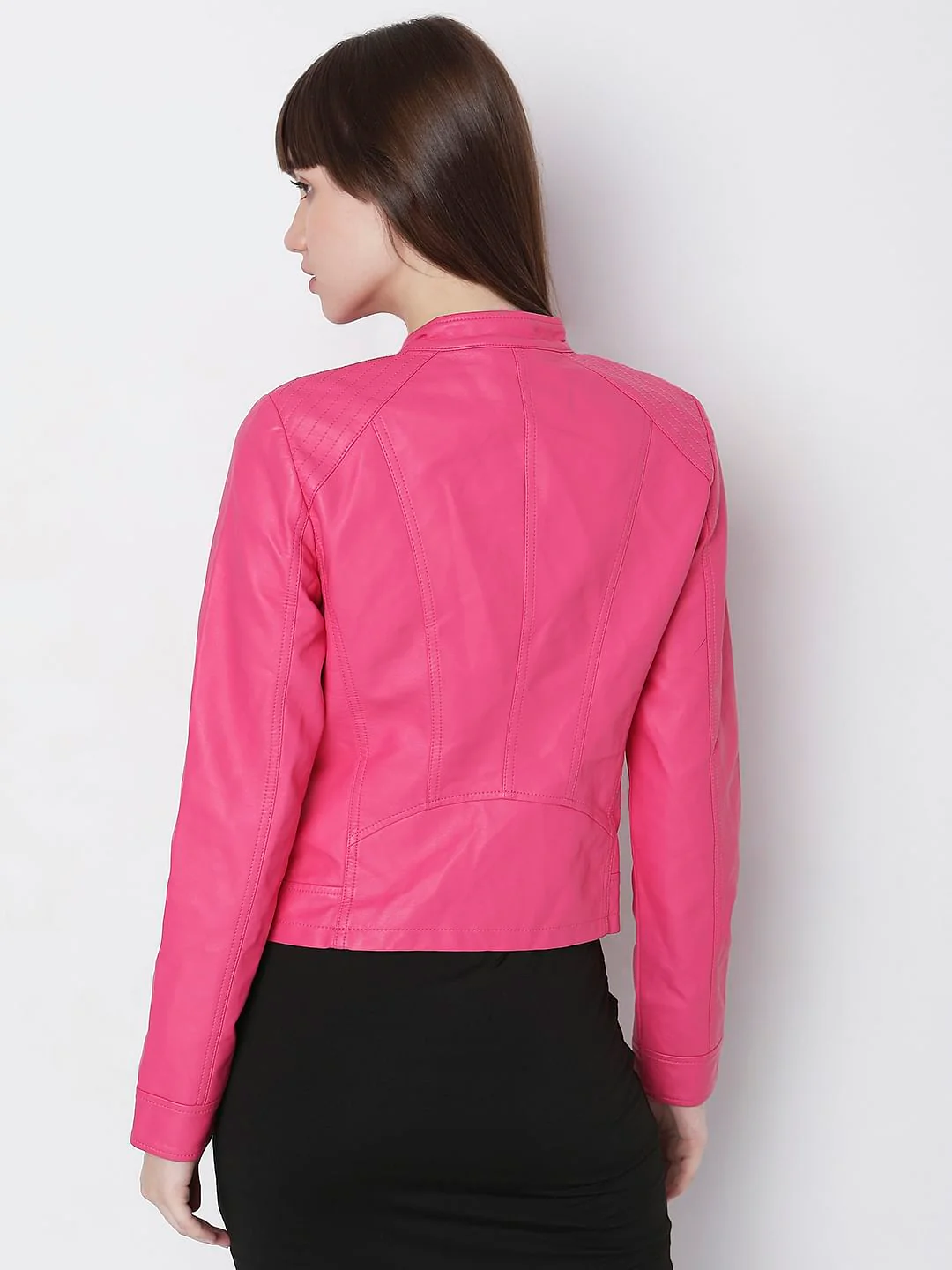 Hot Pink Faux Leather Biker Jacket - Image 4