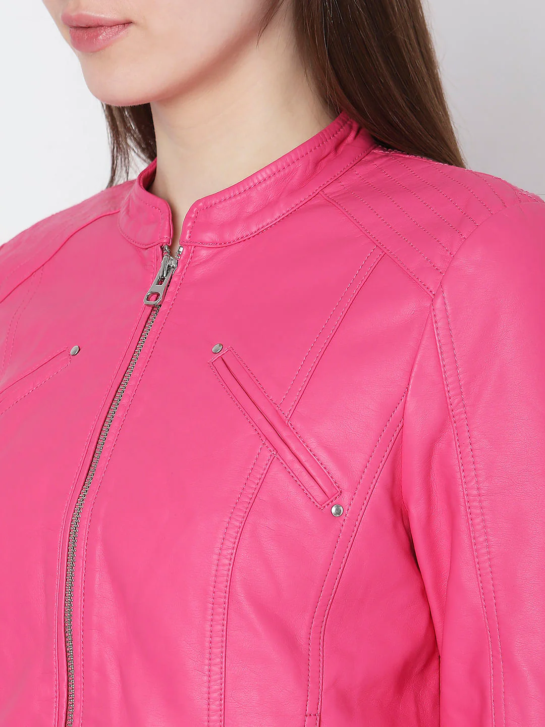 Hot Pink Faux Leather Biker Jacket - Image 8