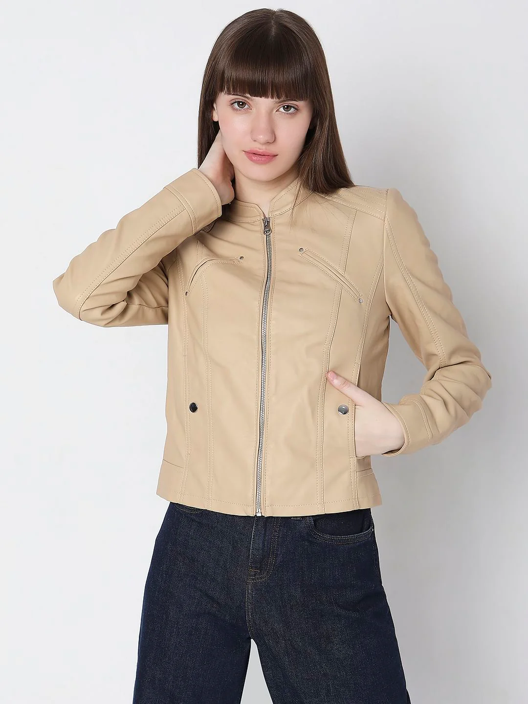 Beige Faux Leather Biker Jacket - Image 2
