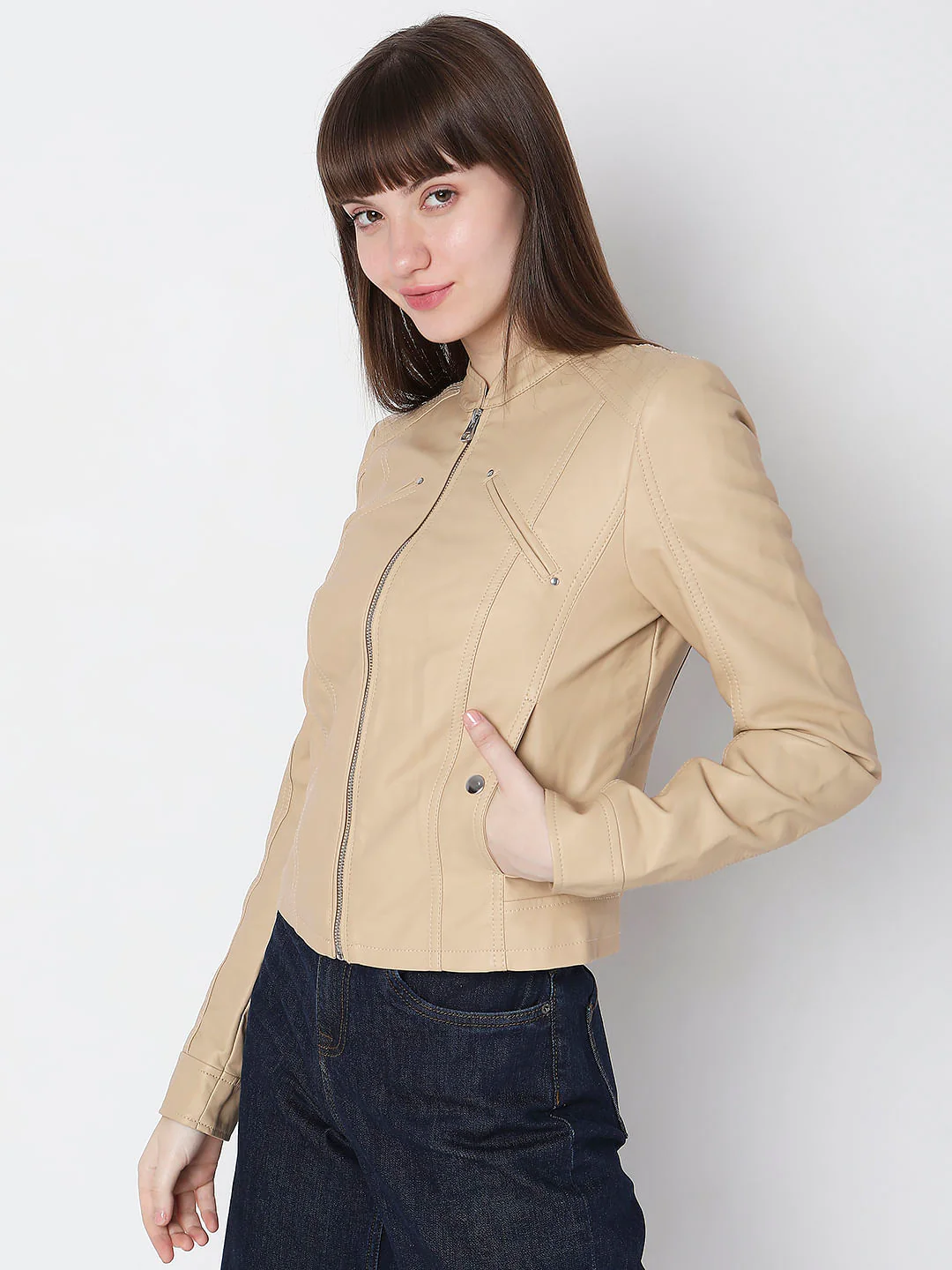 Beige Faux Leather Biker Jacket - Image 3