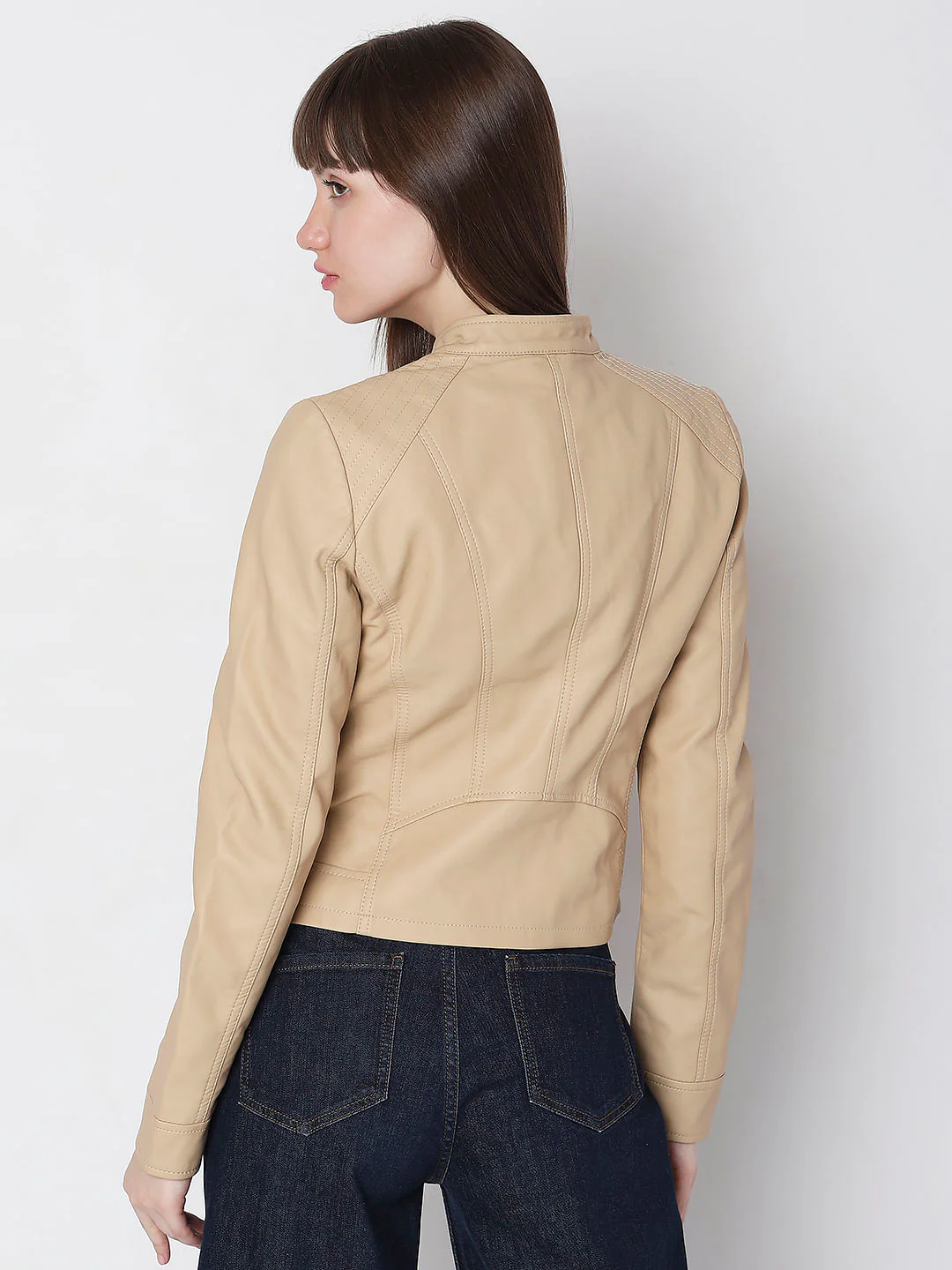 Beige Faux Leather Biker Jacket - Image 4
