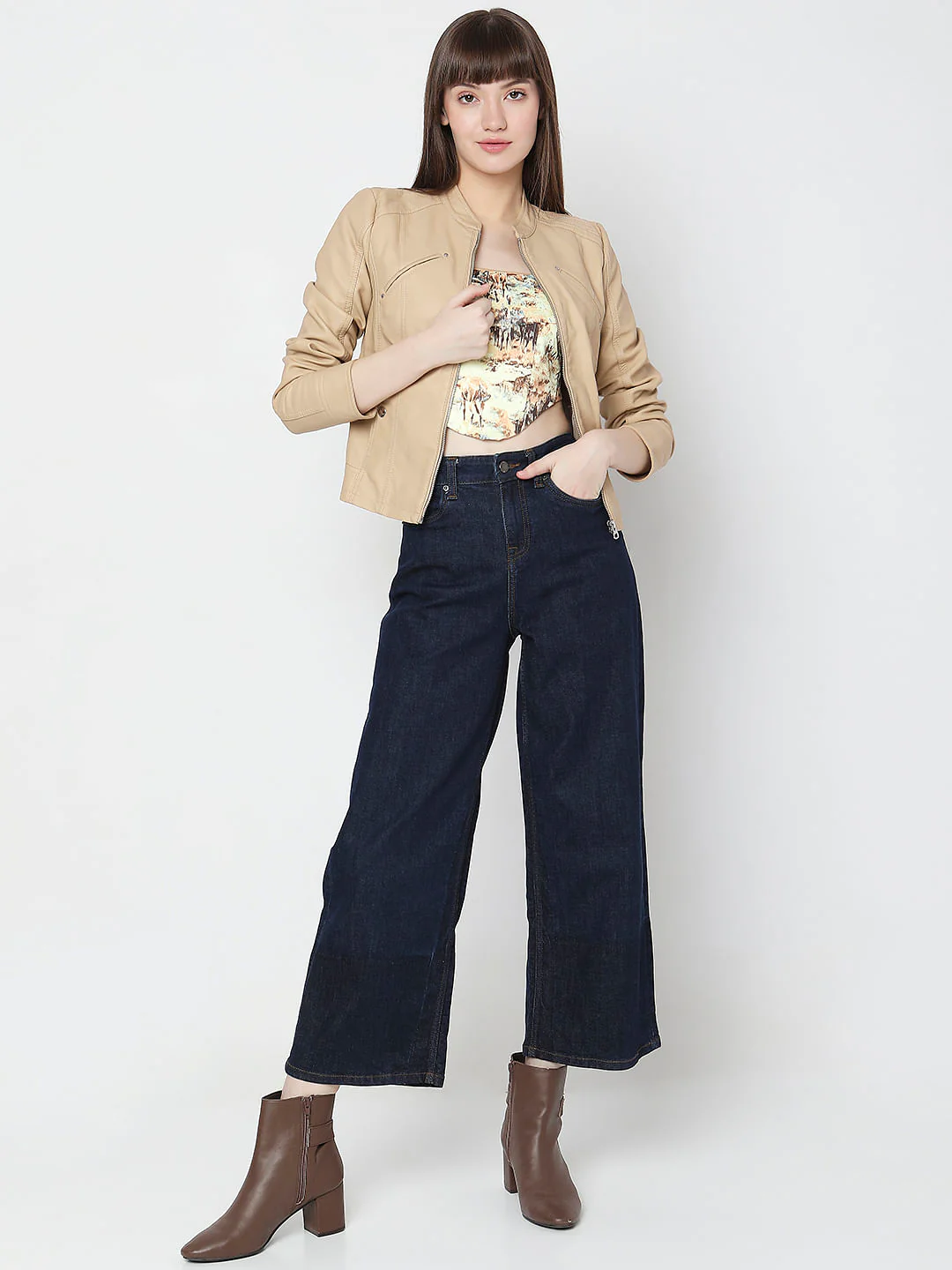 Beige Faux Leather Biker Jacket - Image 5