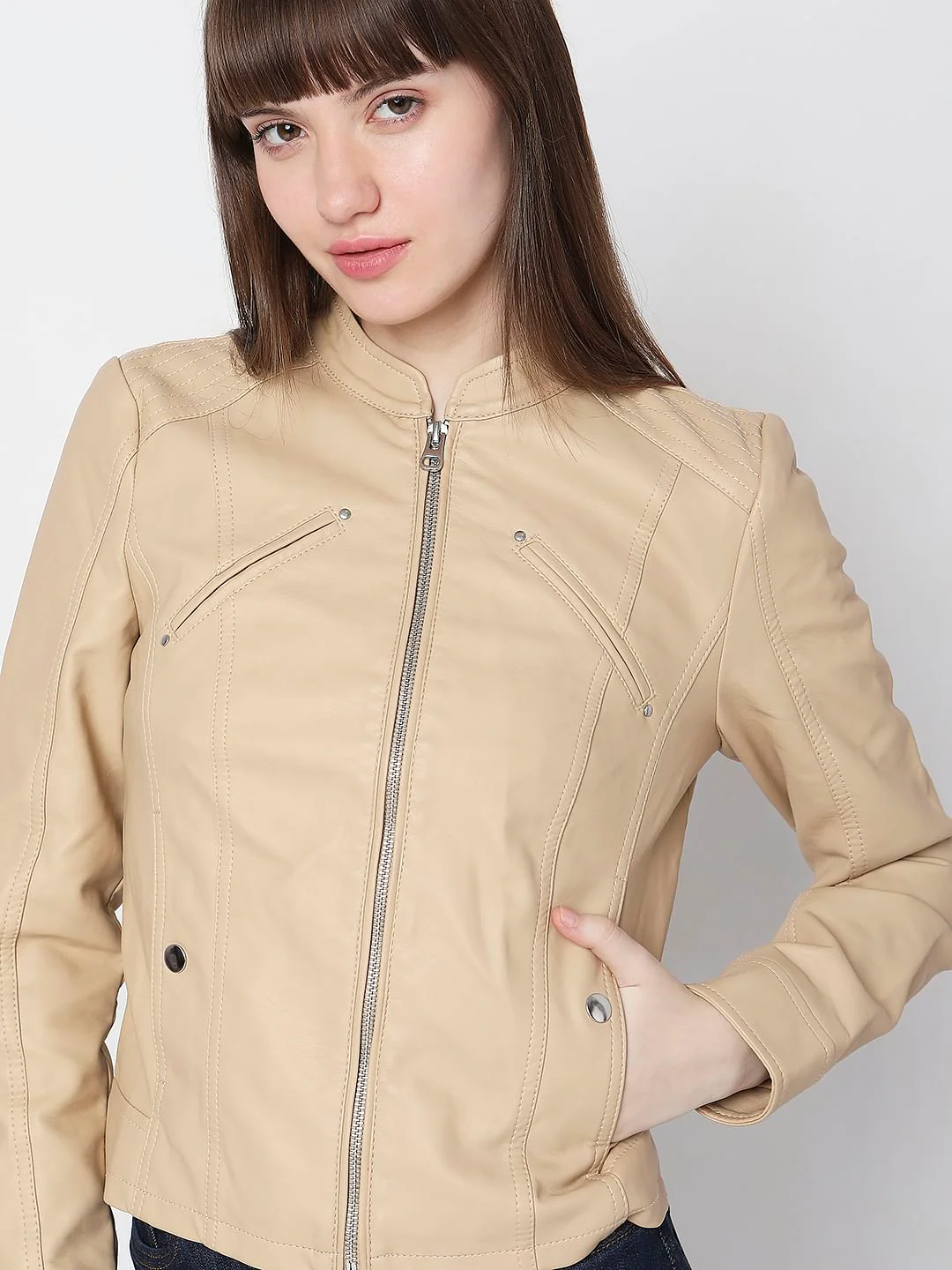 Beige Faux Leather Biker Jacket - Image 6