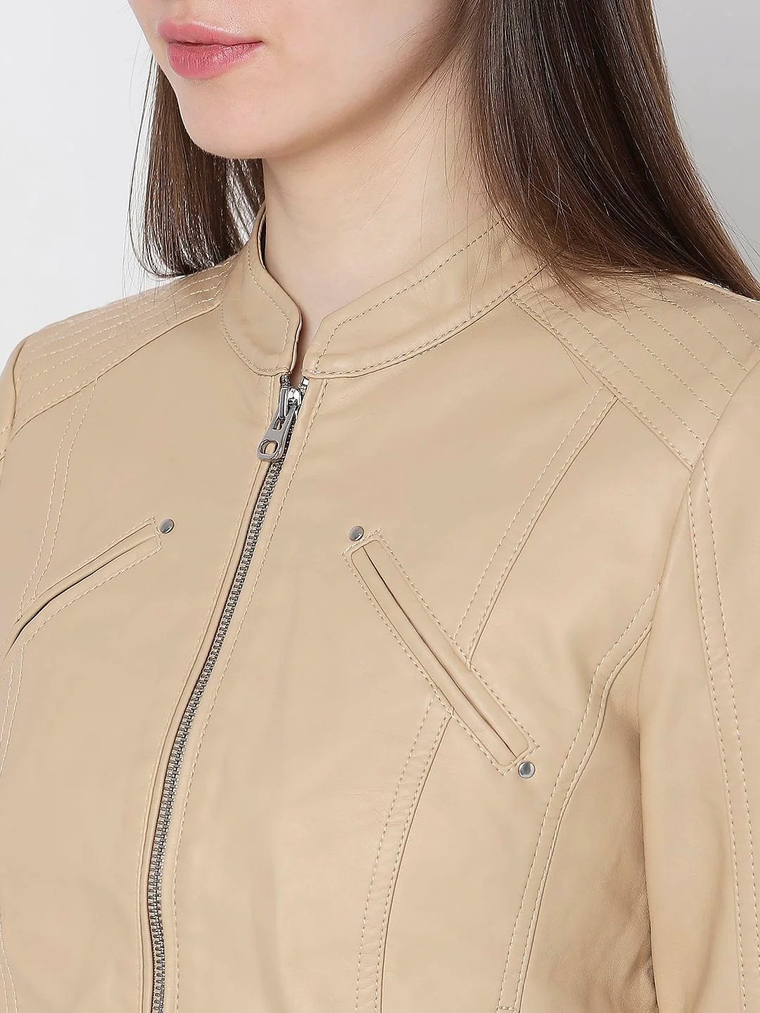 Beige Faux Leather Biker Jacket - Image 8