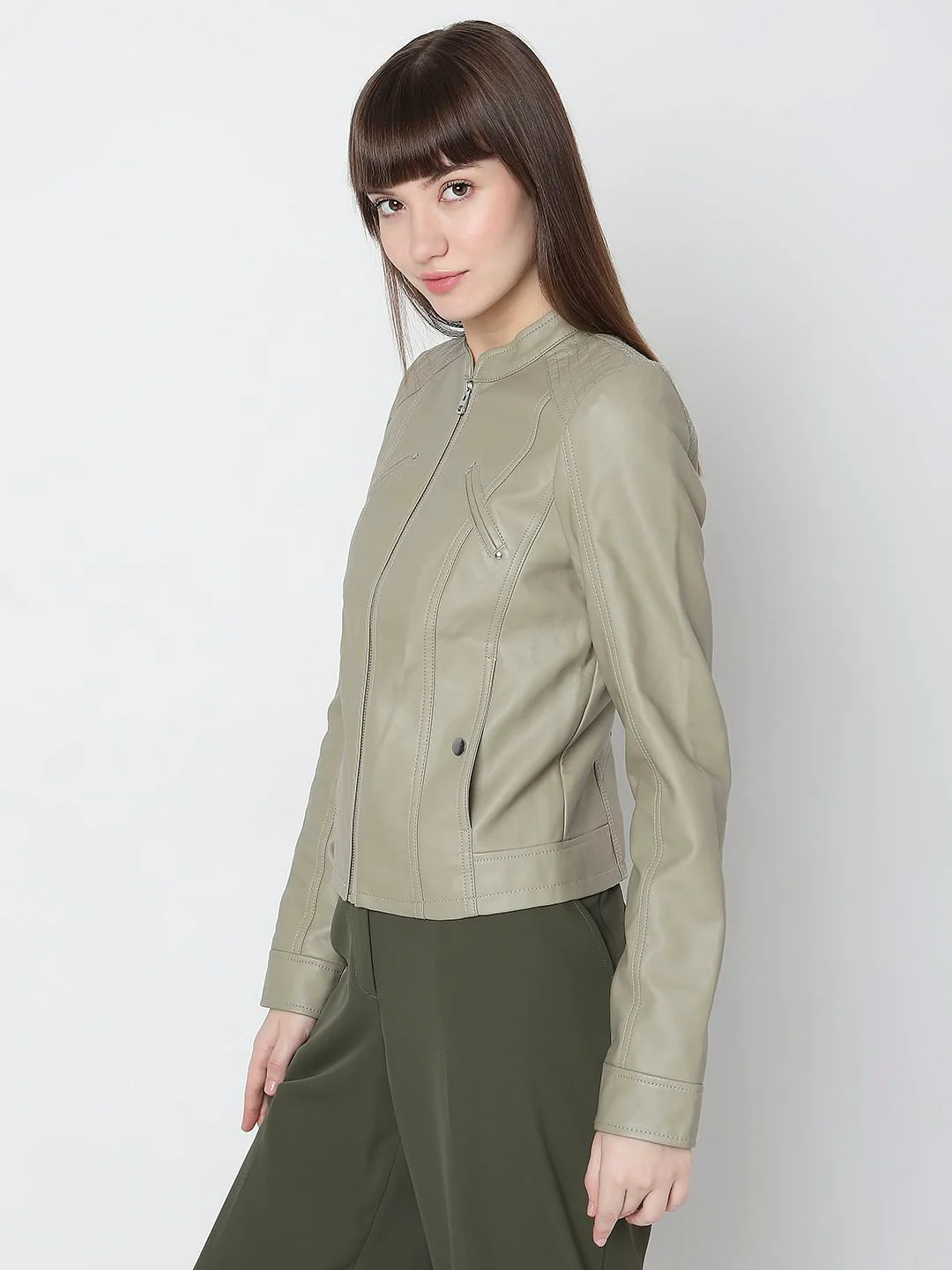 Green Faux Leather Biker Jacket - Image 3