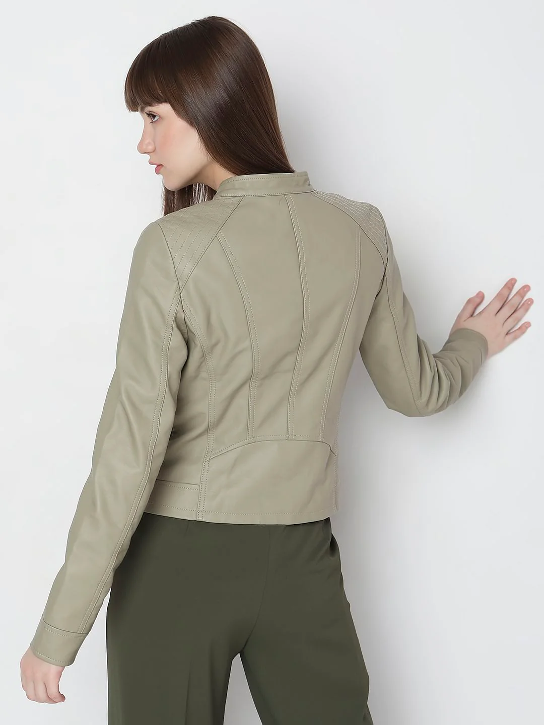 Green Faux Leather Biker Jacket - Image 4