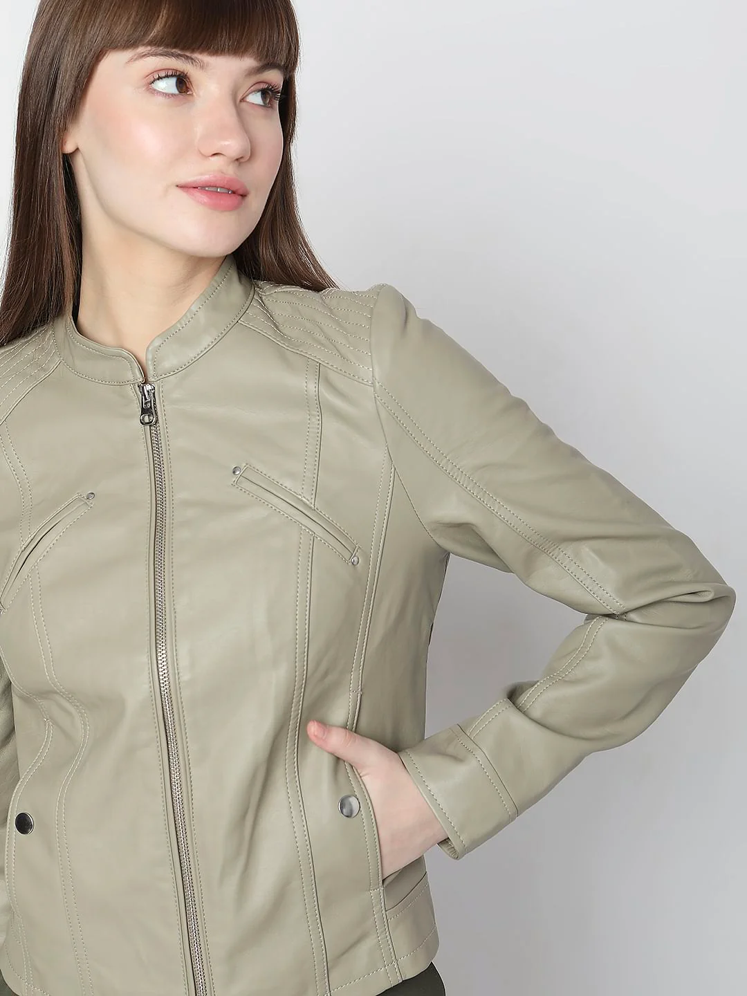 Green Faux Leather Biker Jacket - Image 5