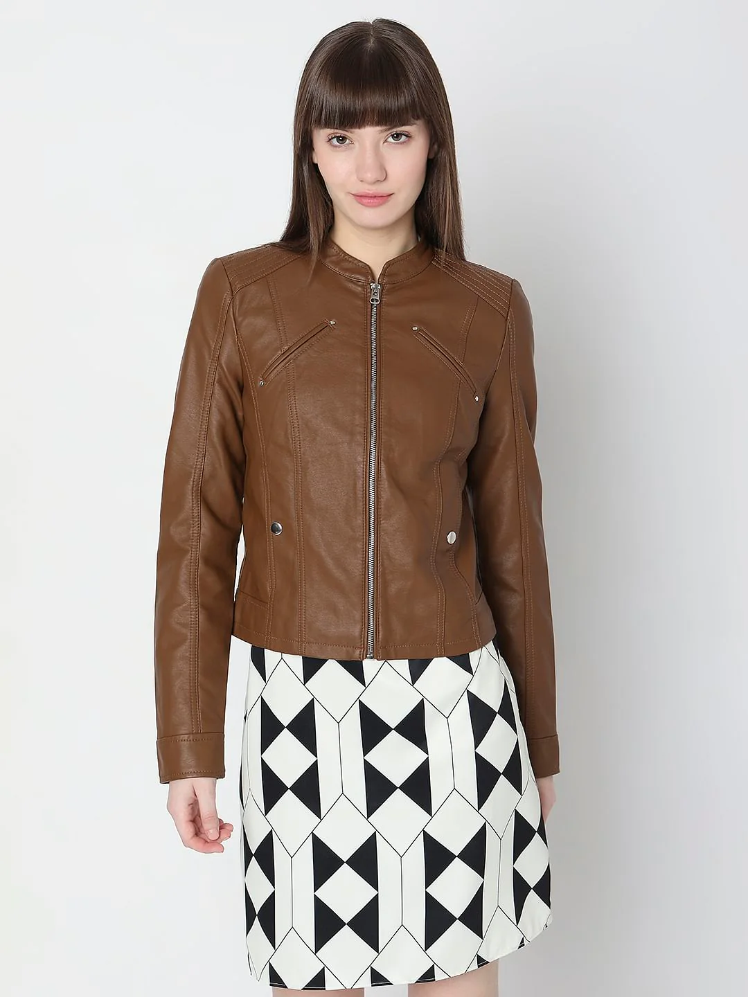 Dark Brown Faux Leather Biker Jacket - Image 2