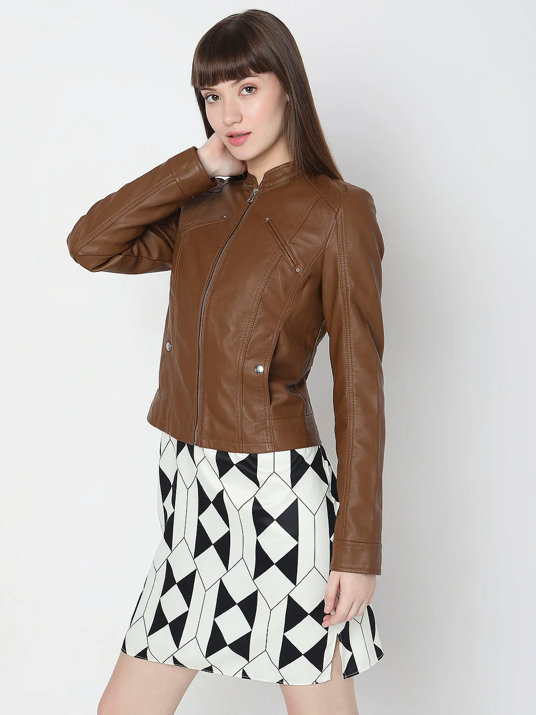 Dark Brown Faux Leather Biker Jacket - Image 3