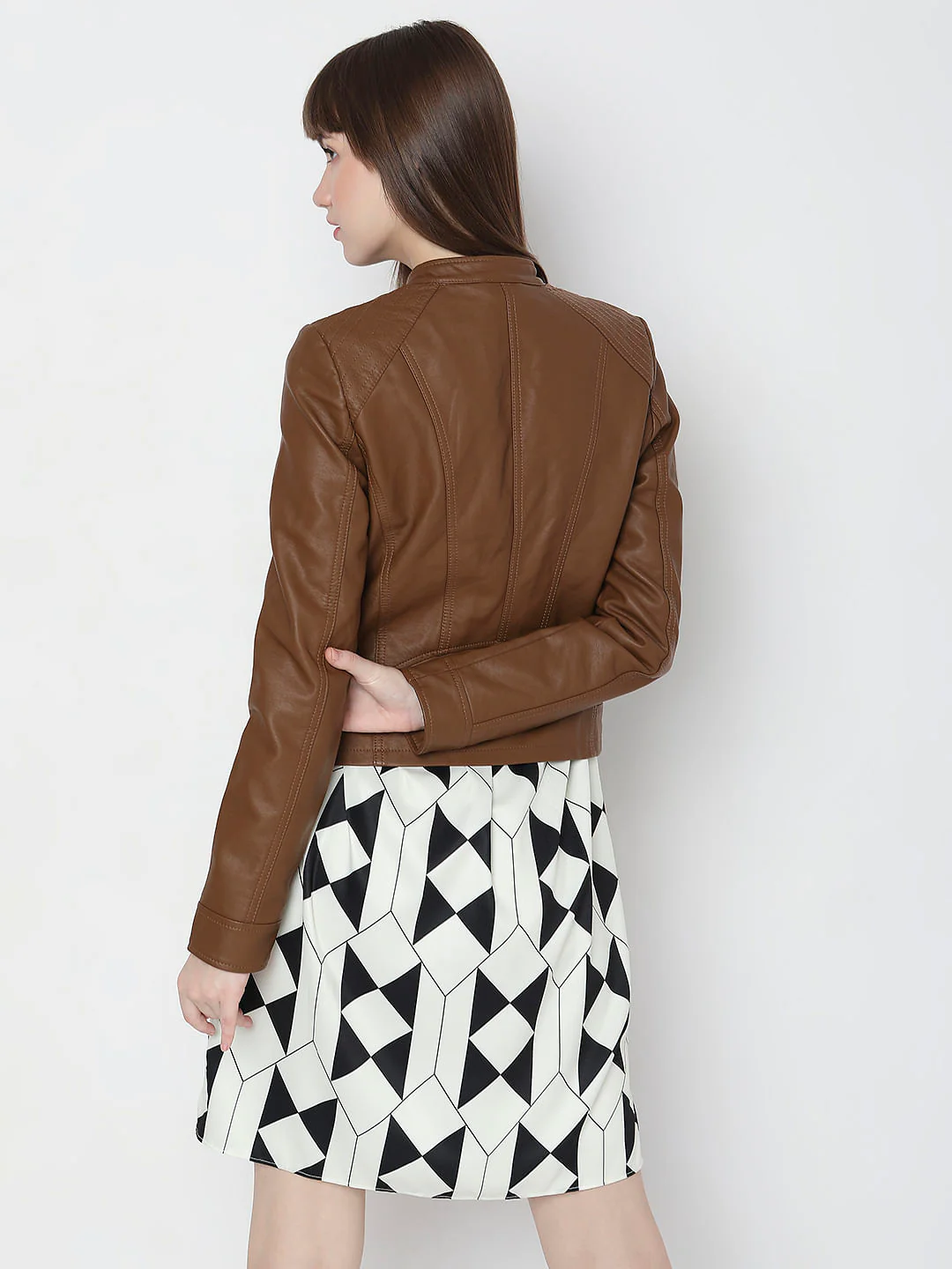 Dark Brown Faux Leather Biker Jacket - Image 4