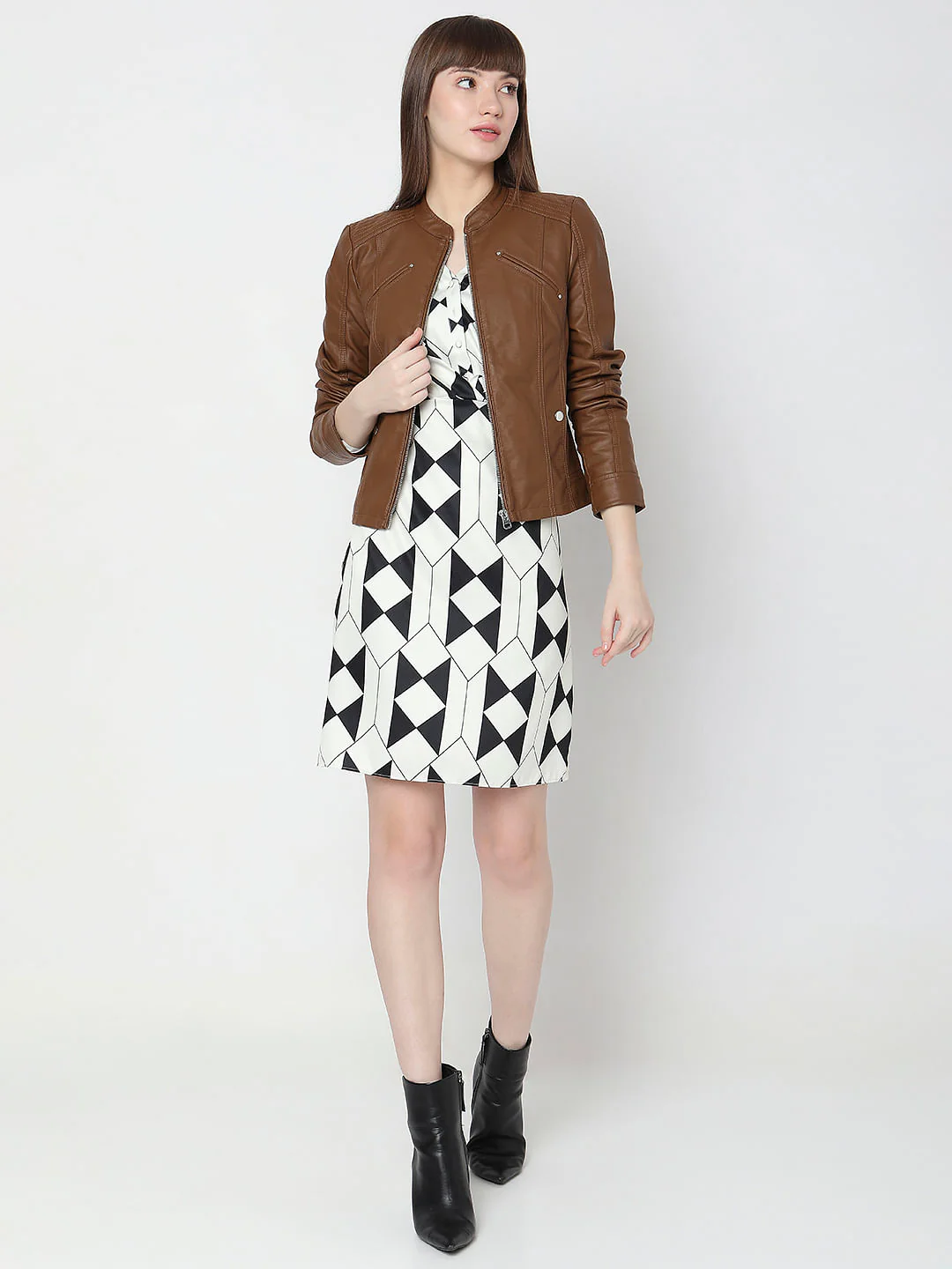 Dark Brown Faux Leather Biker Jacket - Image 5