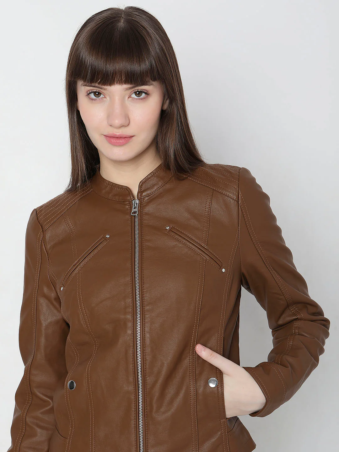 Dark Brown Faux Leather Biker Jacket - Image 6