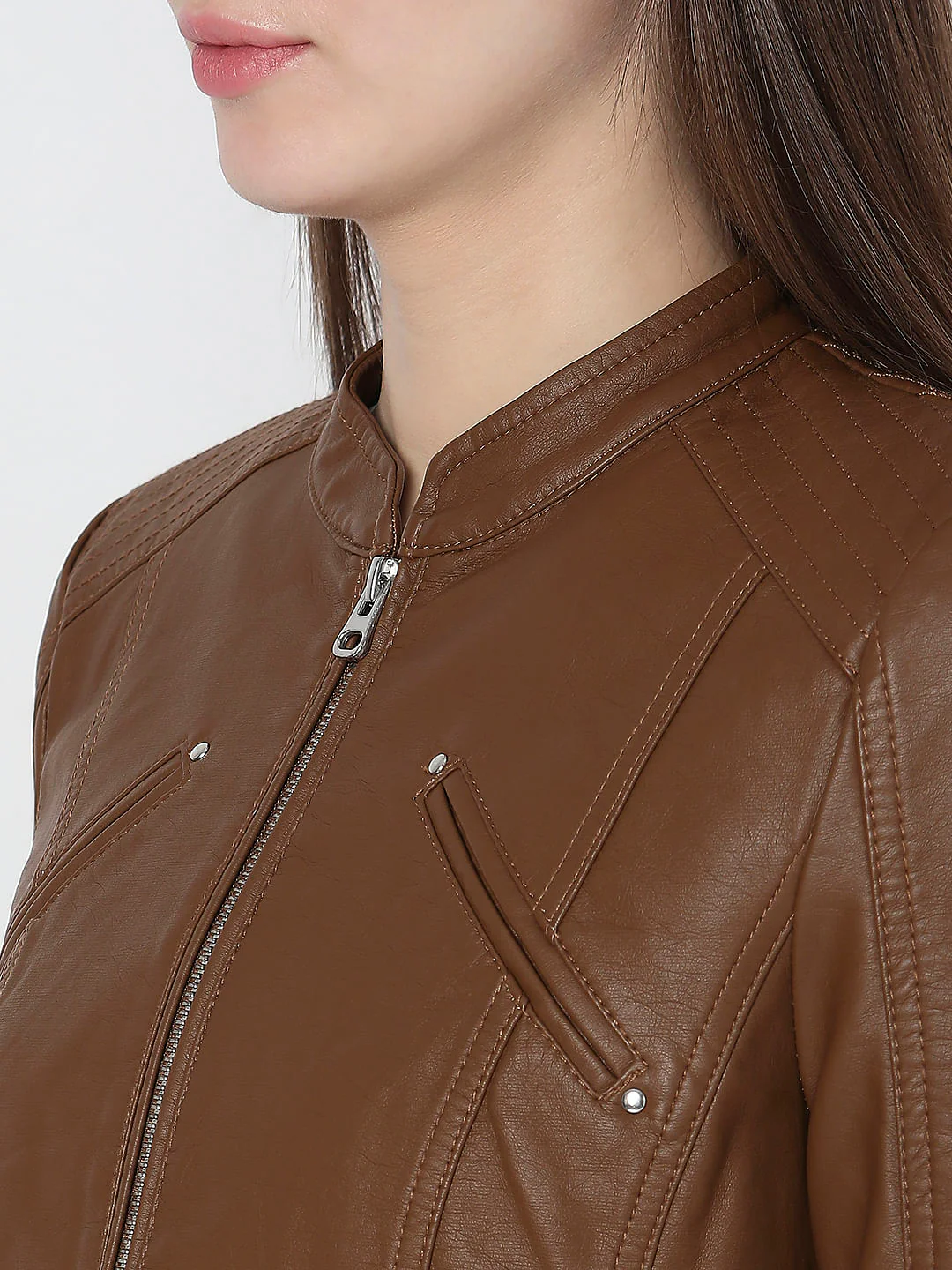 Dark Brown Faux Leather Biker Jacket - Image 8