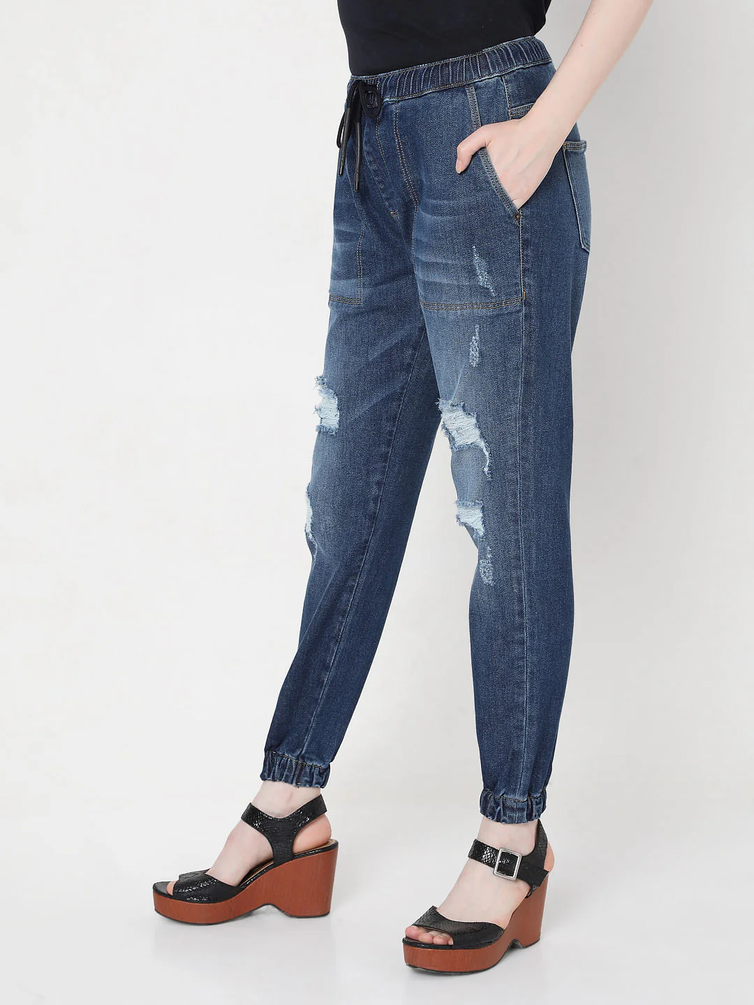 Blue High Rise Distressed Jogger Jeans - Image 3