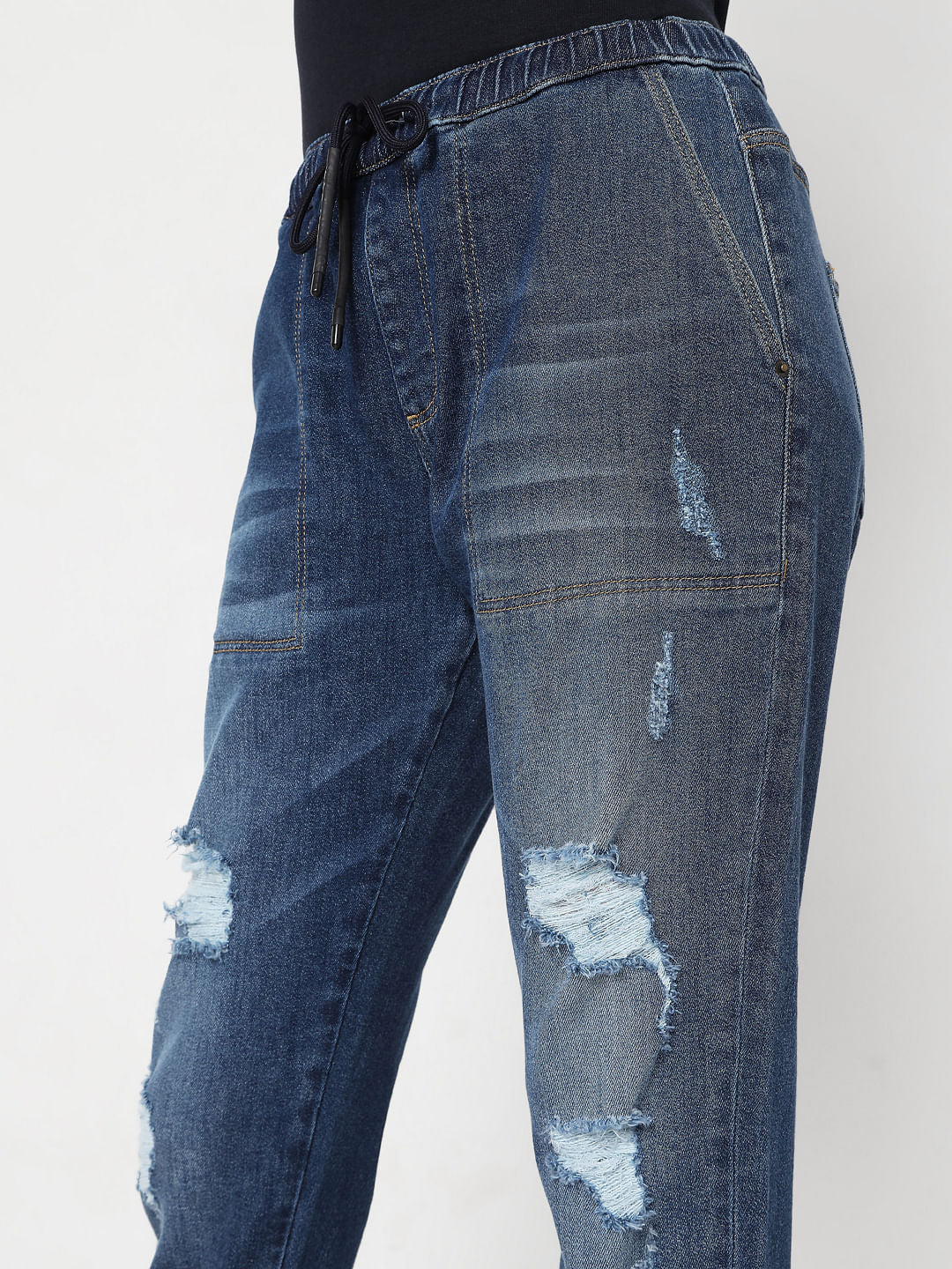 Blue High Rise Distressed Jogger Jeans - Image 5