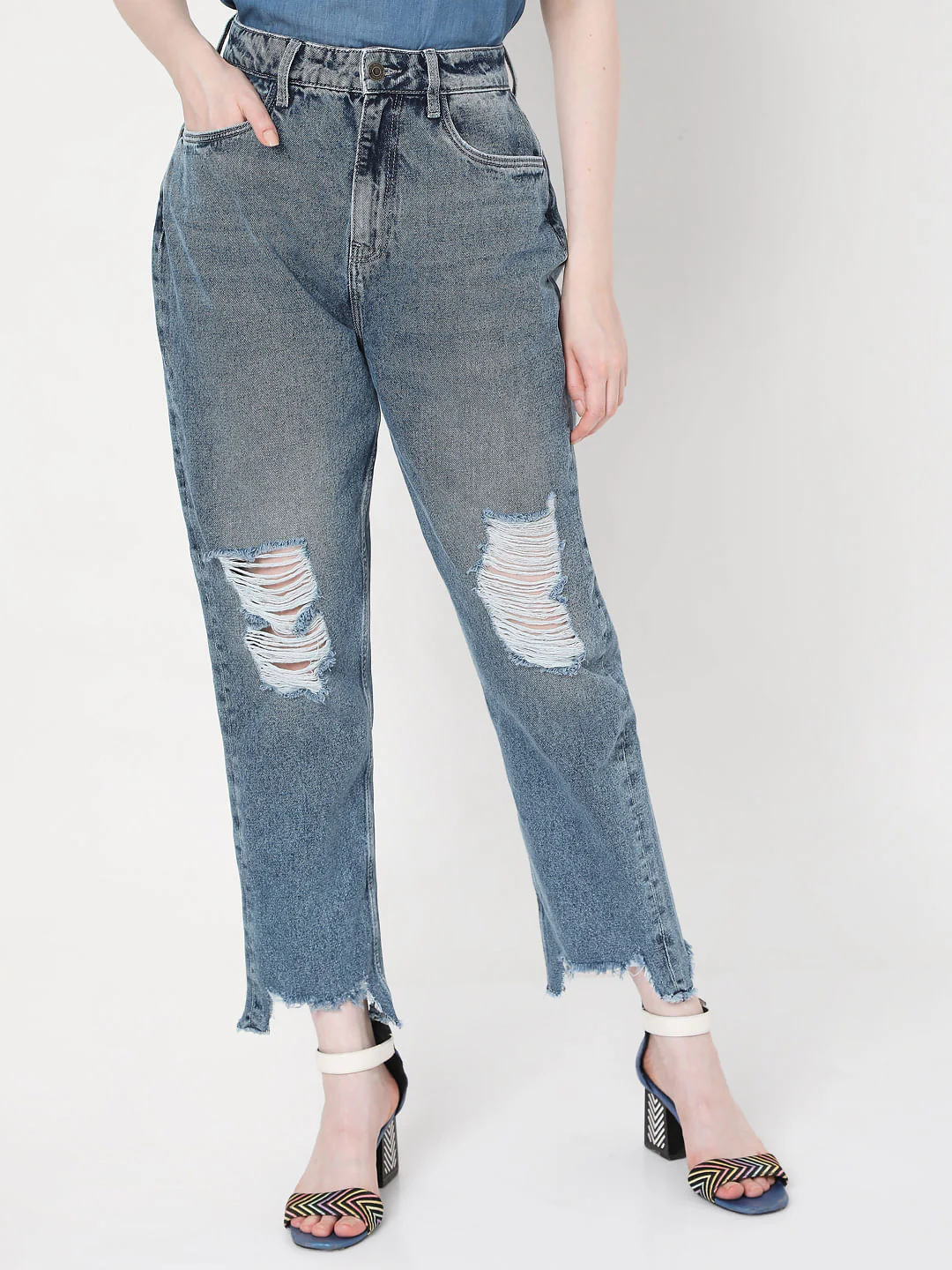 Blue Mid Rise Ripped Mom Jeans - Image 2