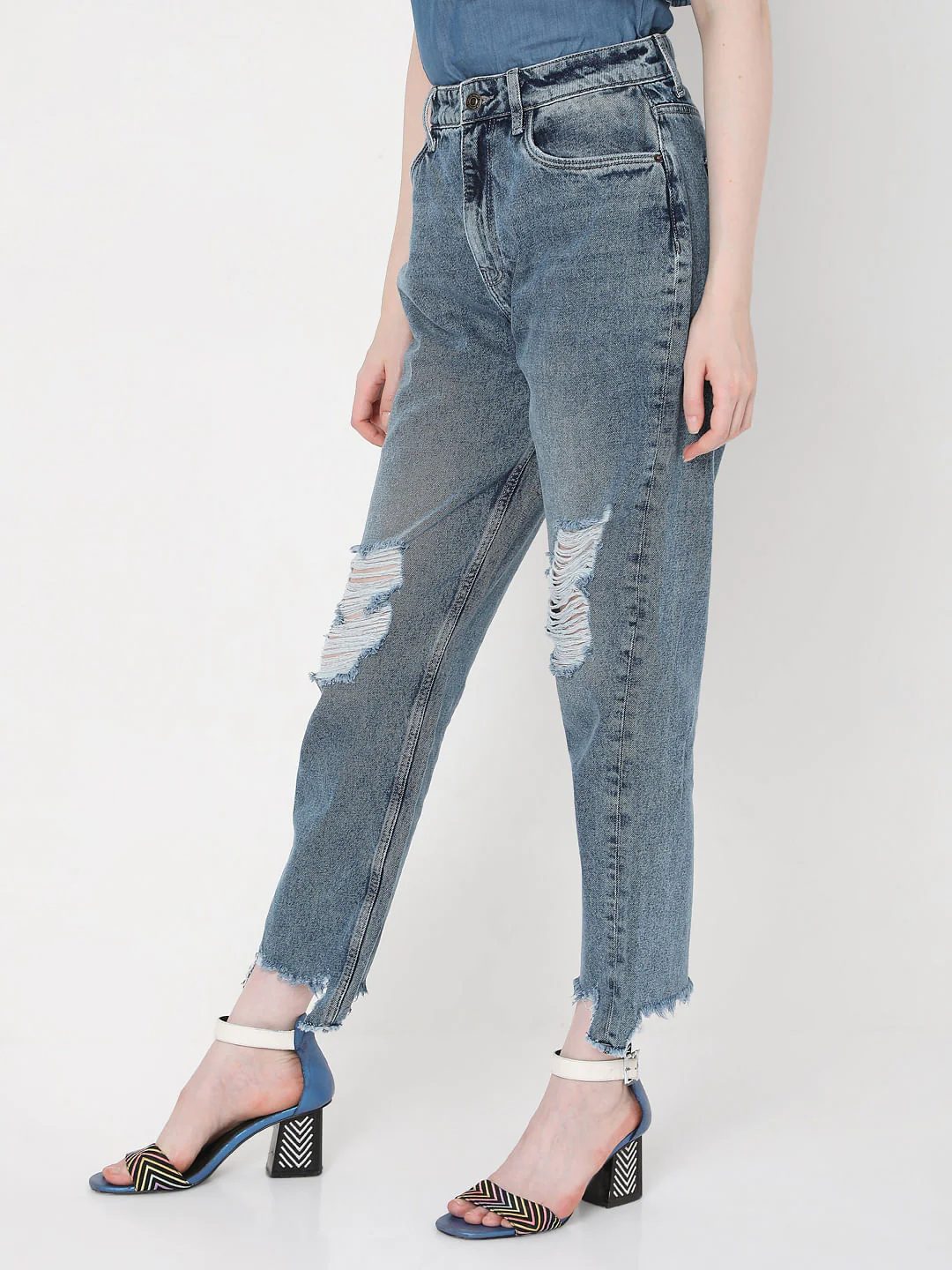 Blue Mid Rise Ripped Mom Jeans - Image 3