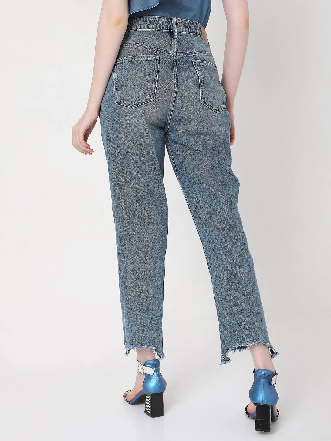 Blue Mid Rise Ripped Mom Jeans - Image 4