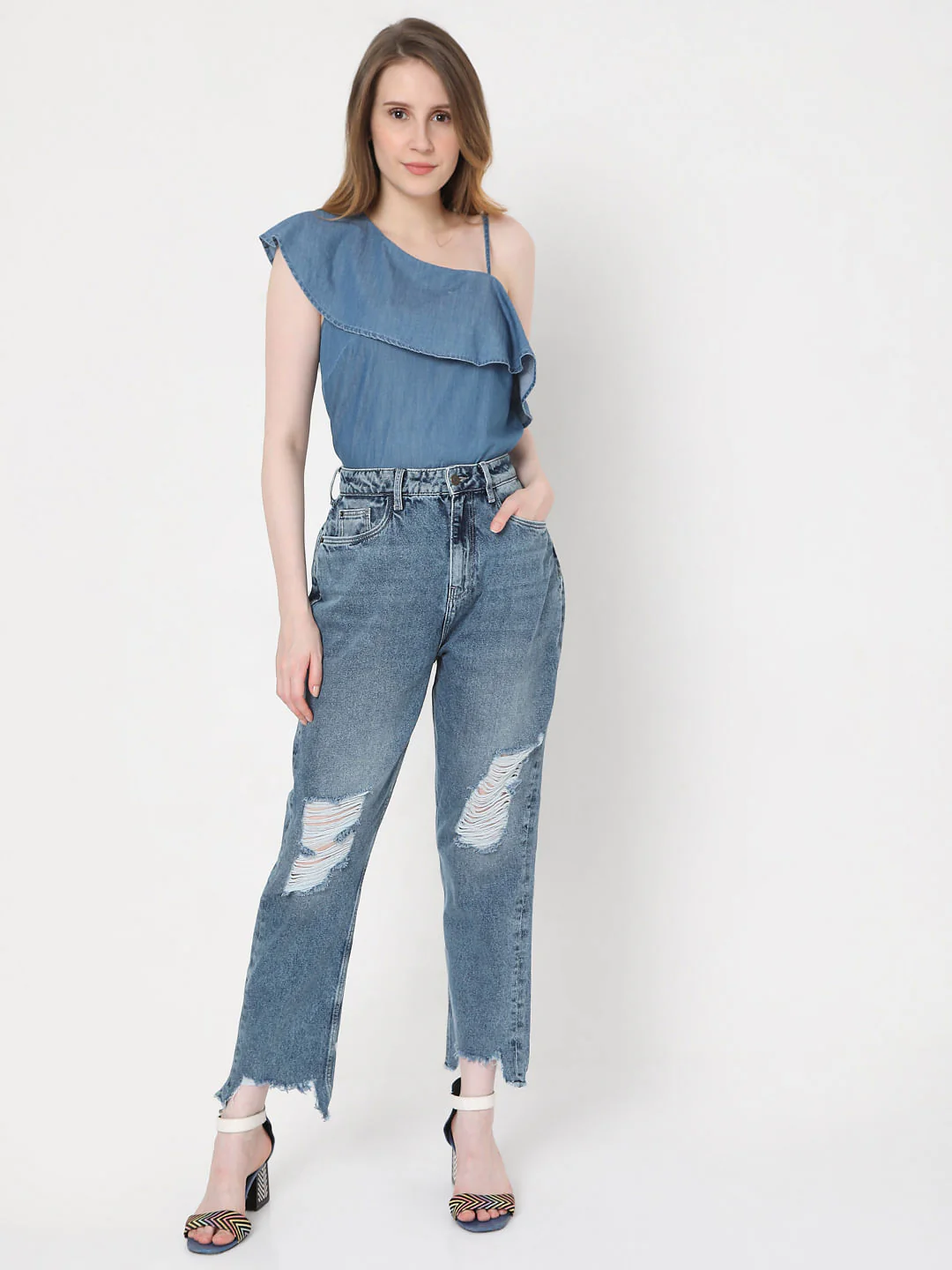 Blue Mid Rise Ripped Mom Jeans - Image 6
