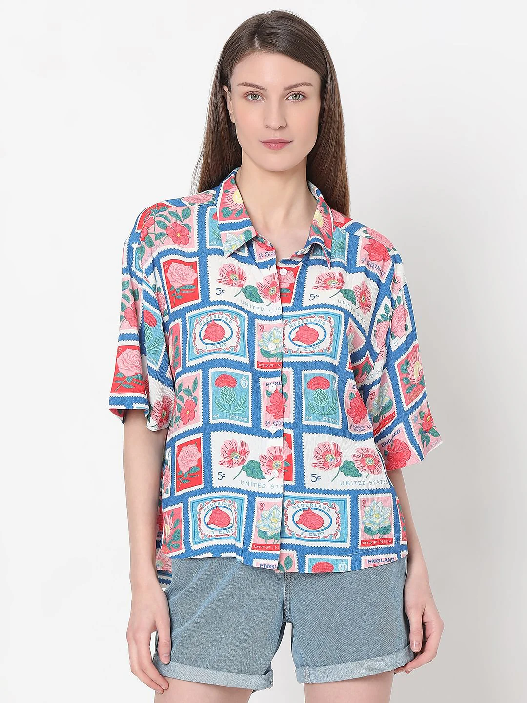 Blue Floral Stamp Print Shirt - Image 2