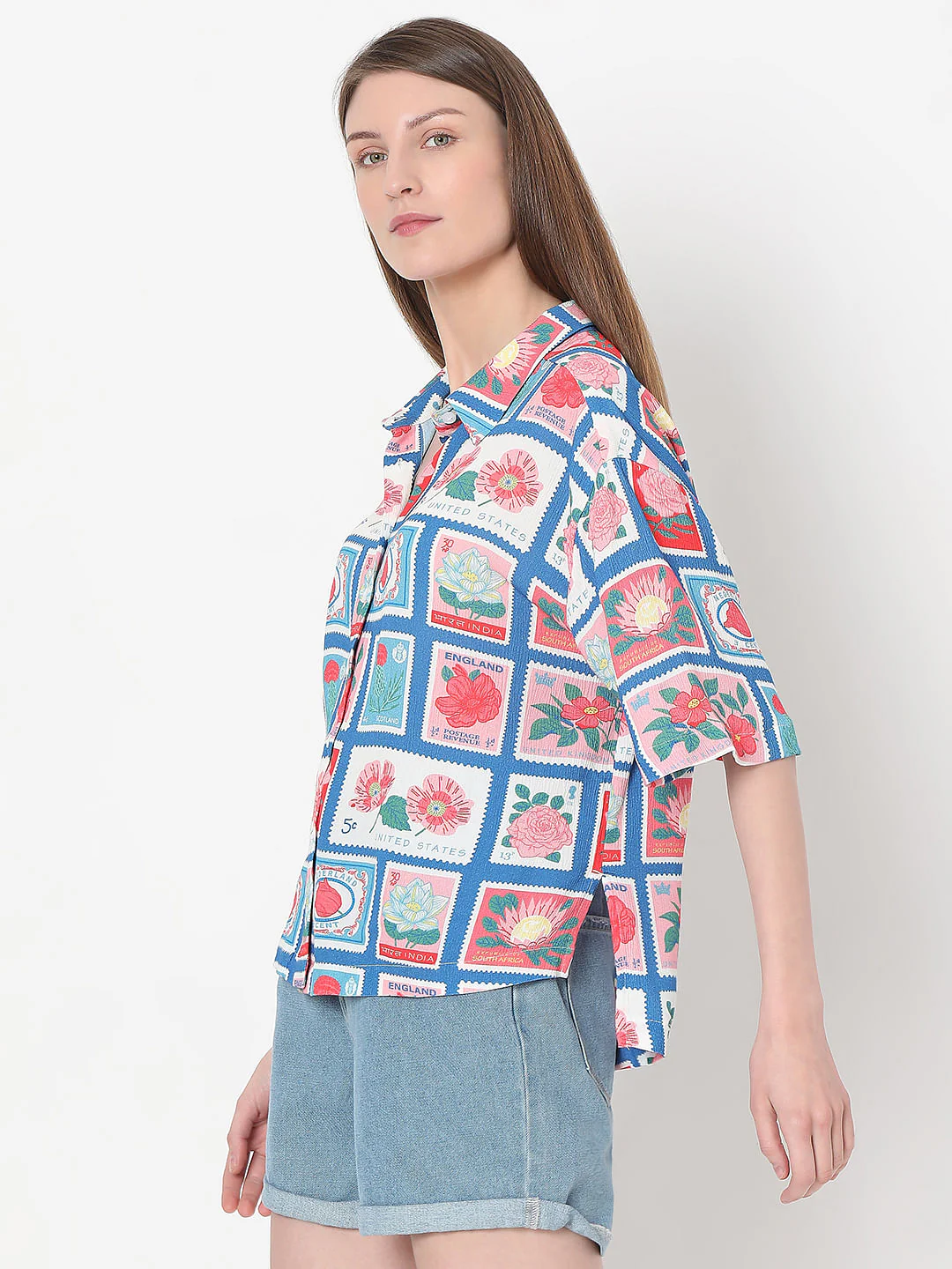 Blue Floral Stamp Print Shirt - Image 3