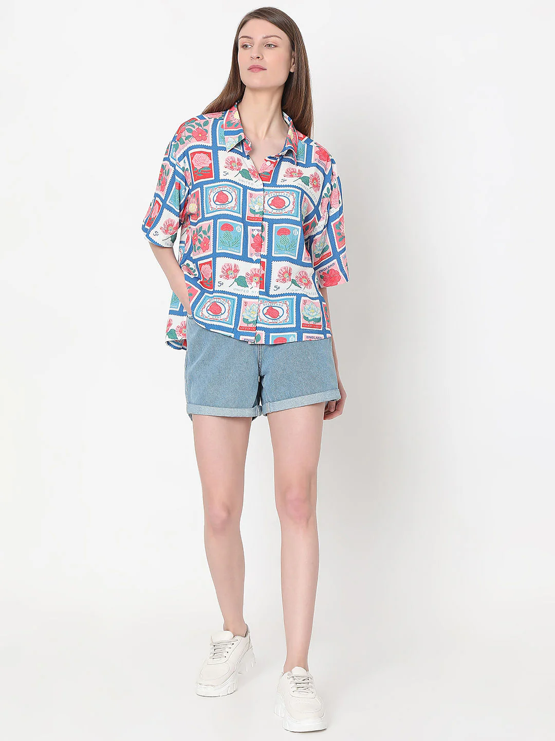 Blue Floral Stamp Print Shirt - Image 5