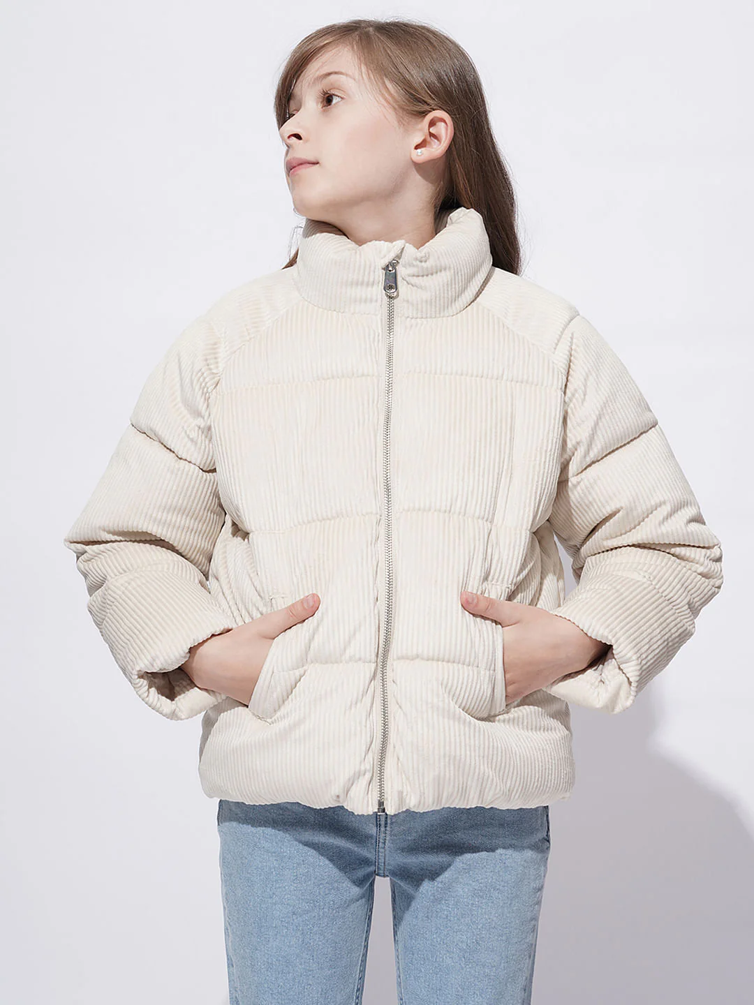 Girls Beige Corduroy Puffer Jacket - Image 2