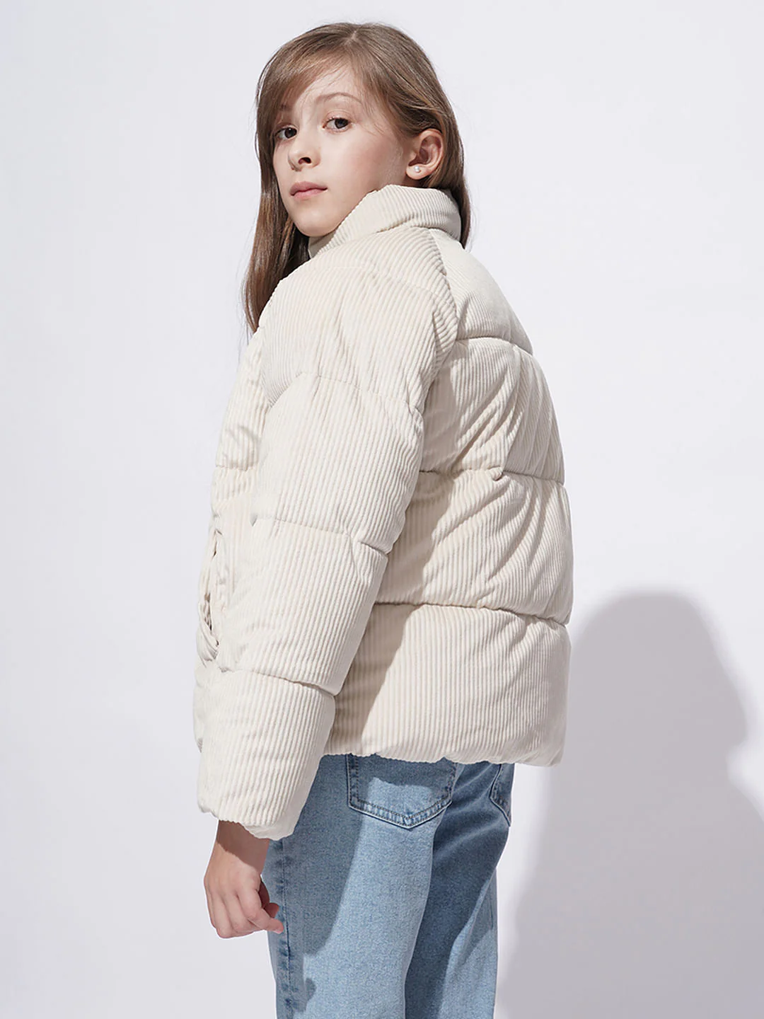 Girls Beige Corduroy Puffer Jacket - Image 3