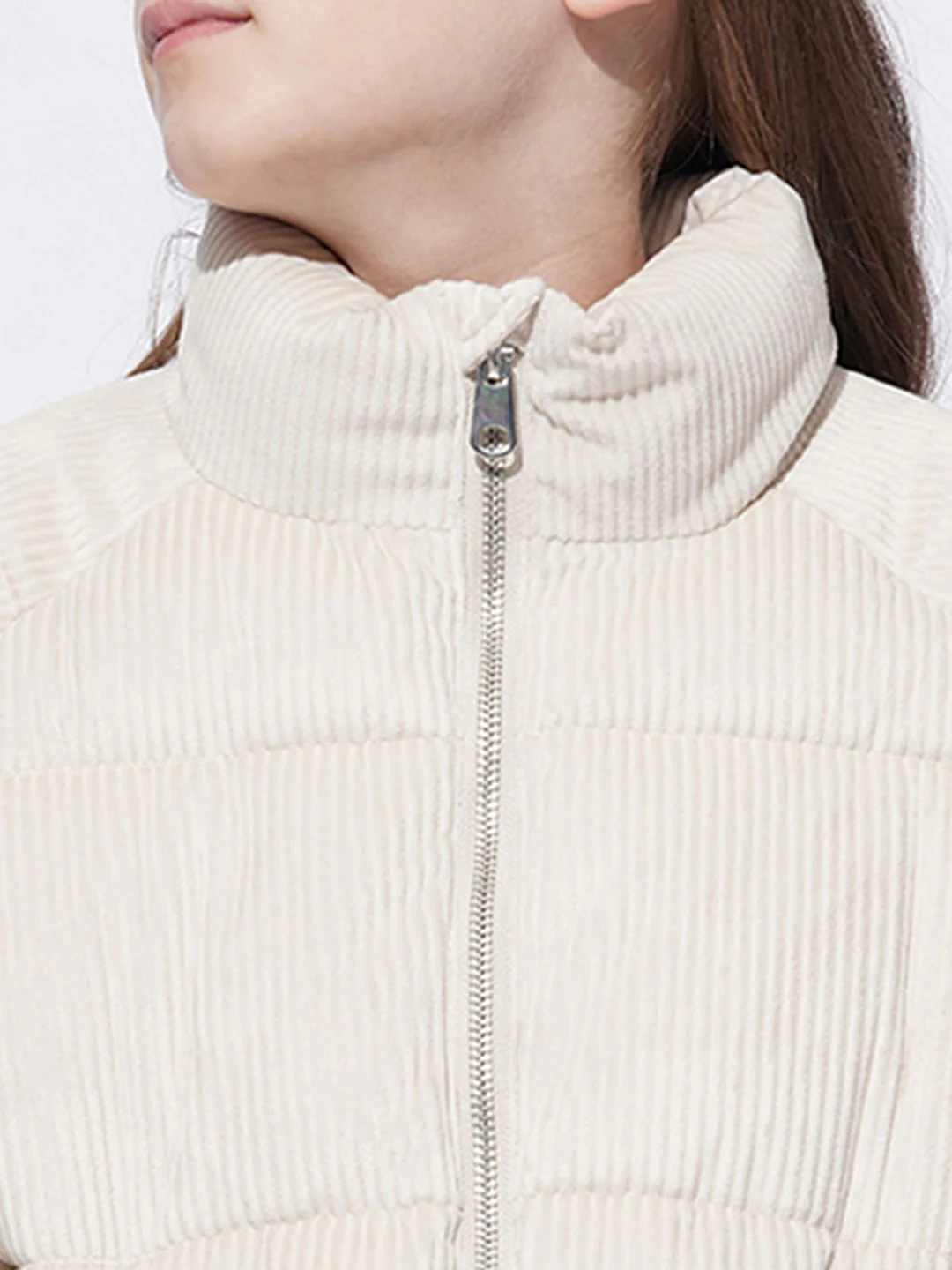 Girls Beige Corduroy Puffer Jacket - Image 4