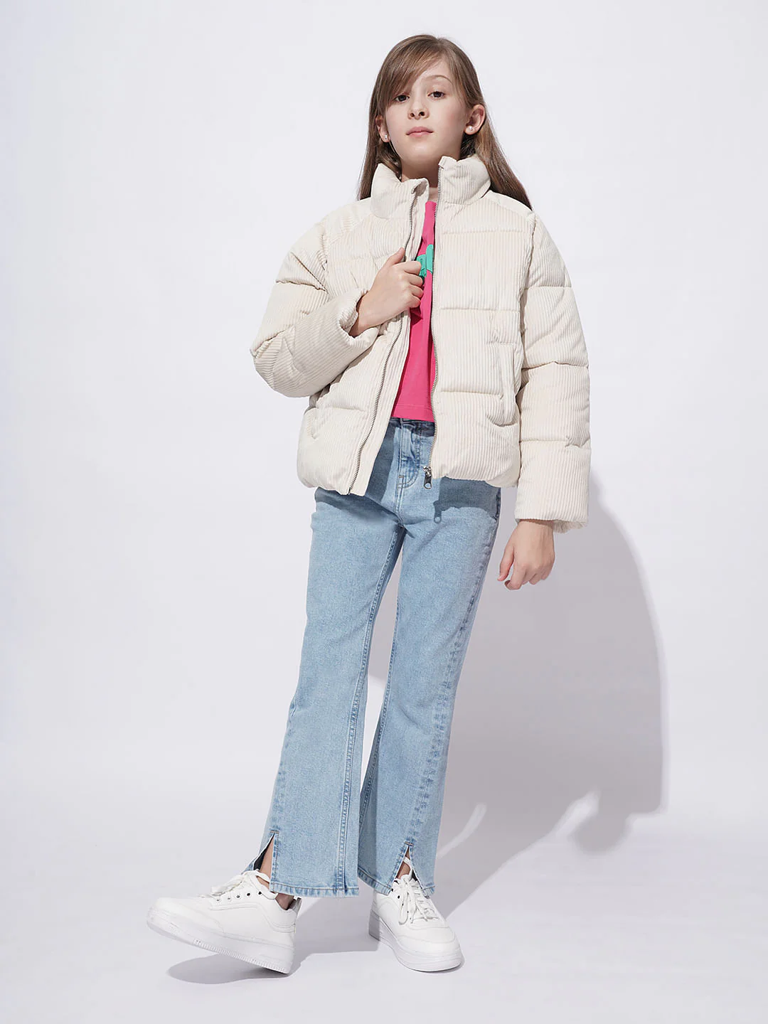 Girls Beige Corduroy Puffer Jacket - Image 5