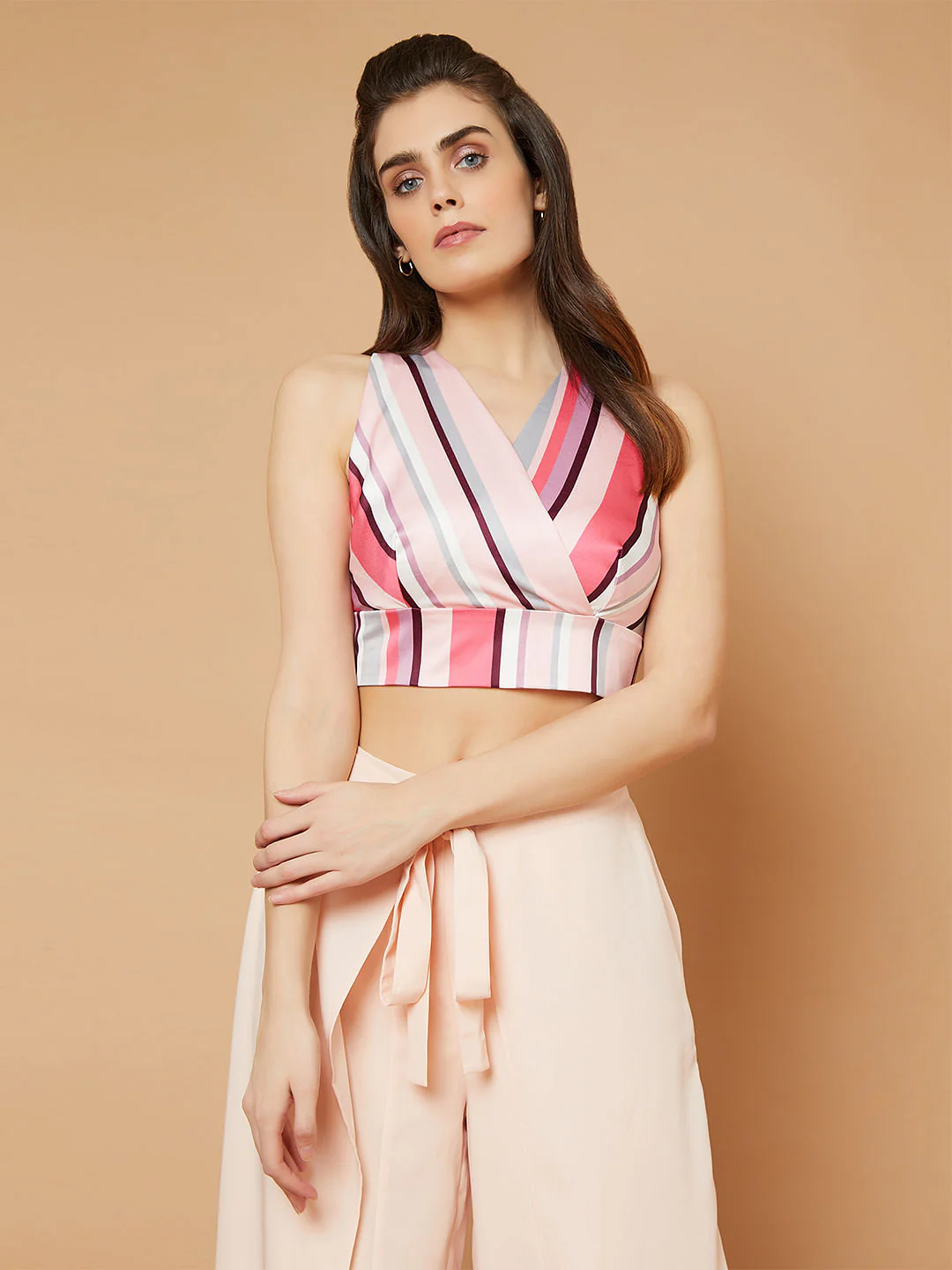 Marquee Pink Striped V Neck Crop Top - Image 2