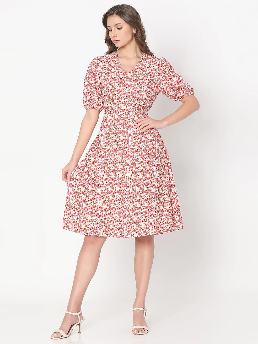 Red Floral Fit & Flare Dress - Image 2