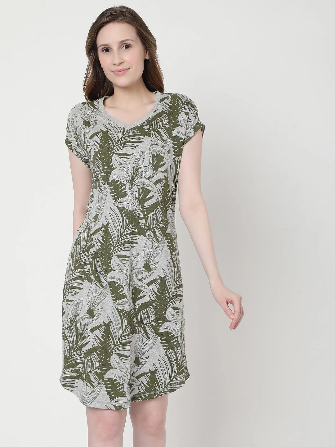 Grey Tropical Print Nighwear Dress - Image 2