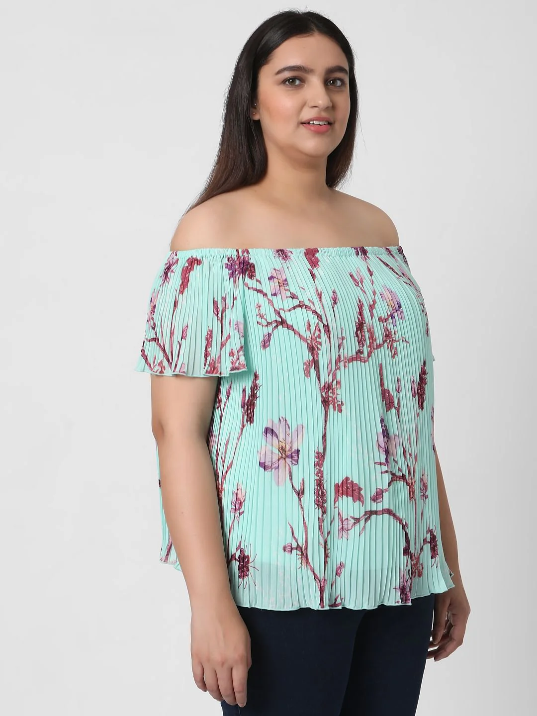 Curve Green Off Shoulder Floral Pleated Top - Image 3