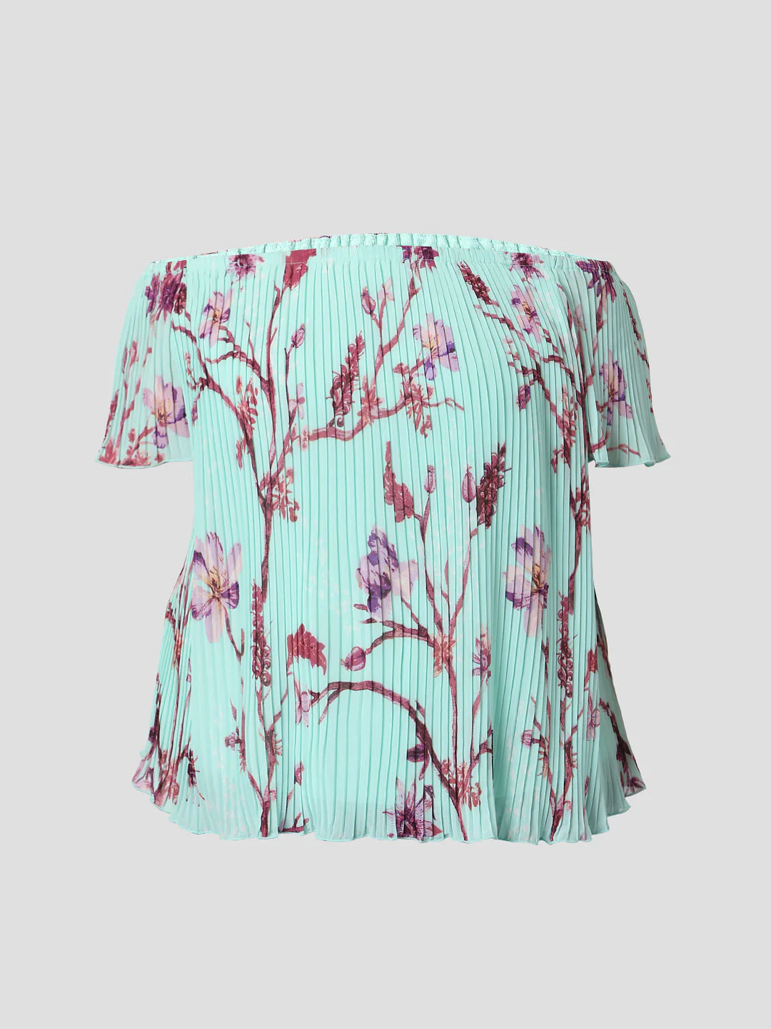 Curve Green Off Shoulder Floral Pleated Top - Image 7