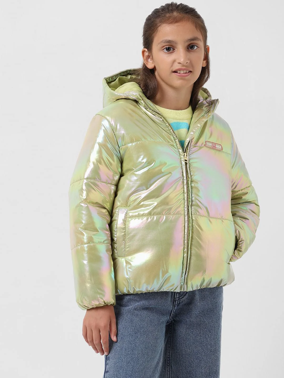 Girl Yellow Holographic Hooded Puffer Jacket - Image 2