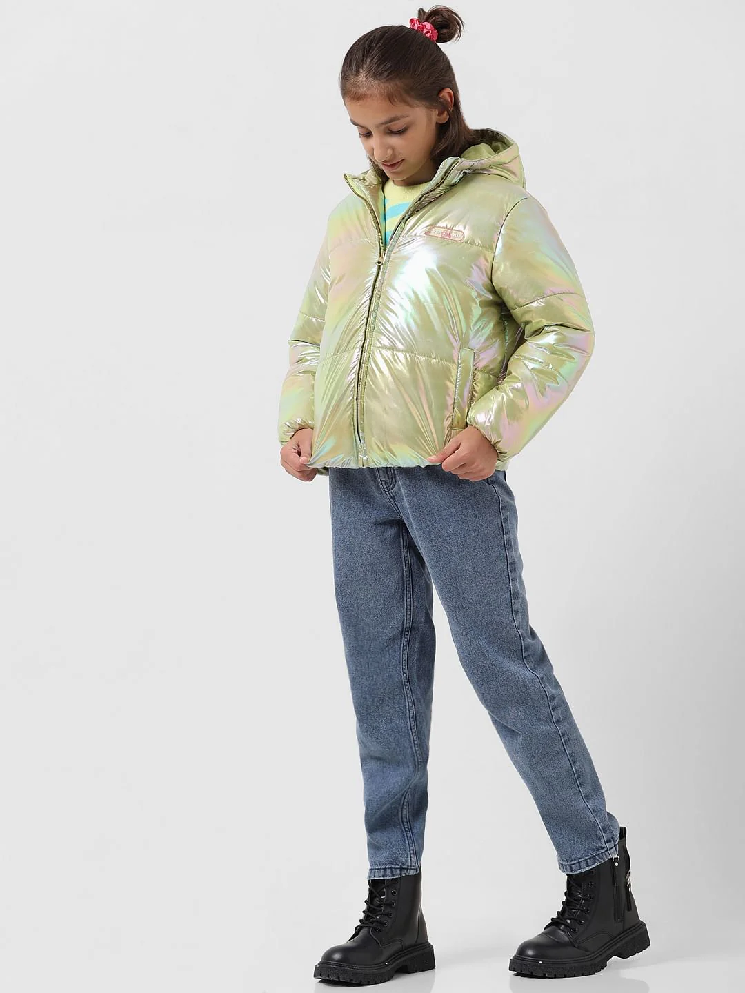 Girl Yellow Holographic Hooded Puffer Jacket - Image 5