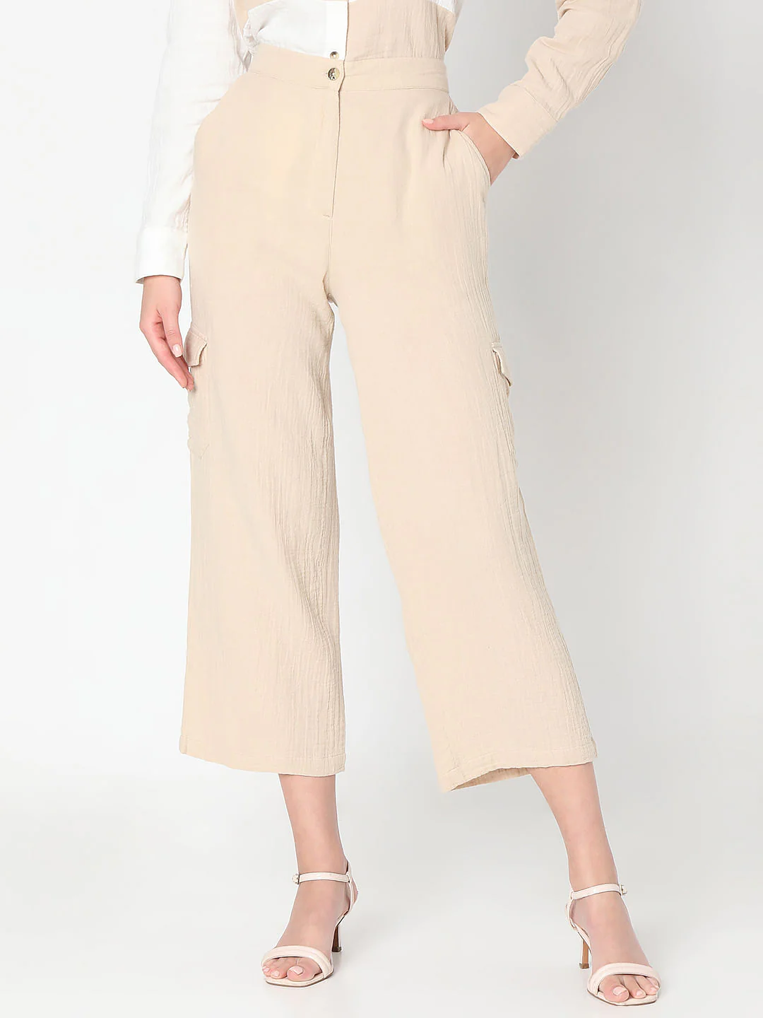 Beige High Rise Cotton Co-Ord Set Pants - Image 2