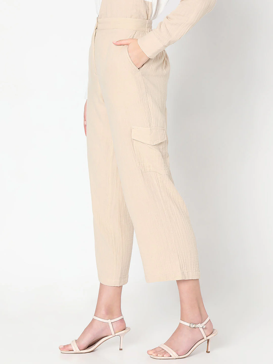 Beige High Rise Cotton Co-Ord Set Pants - Image 3