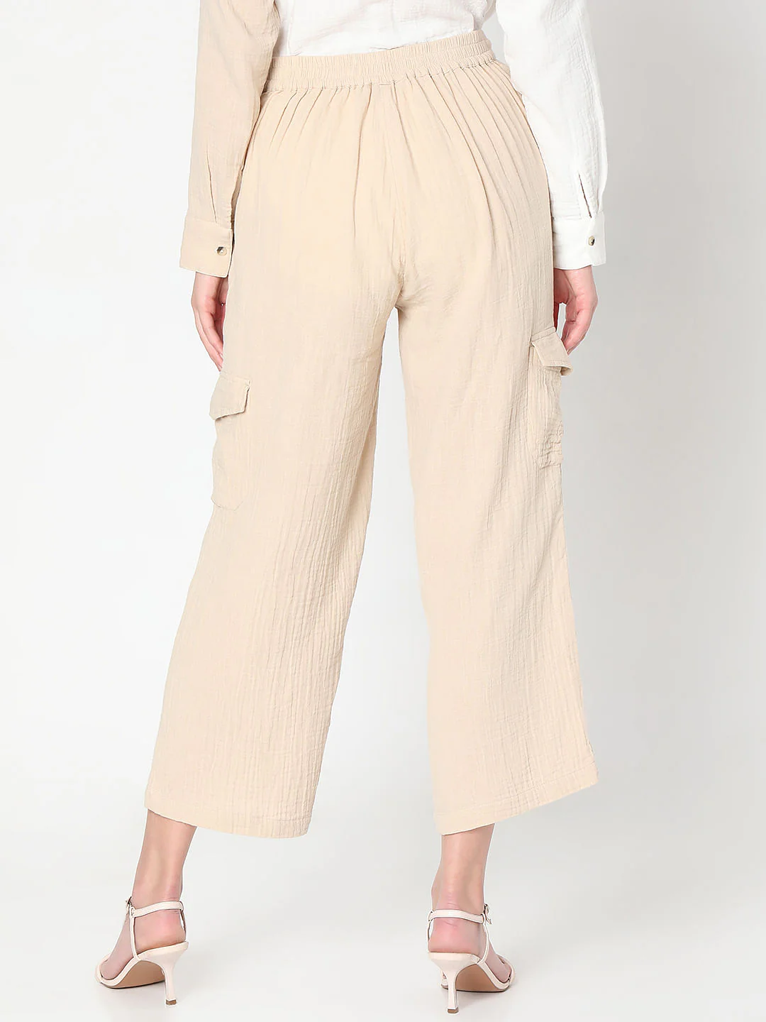 Beige High Rise Cotton Co-Ord Set Pants - Image 4