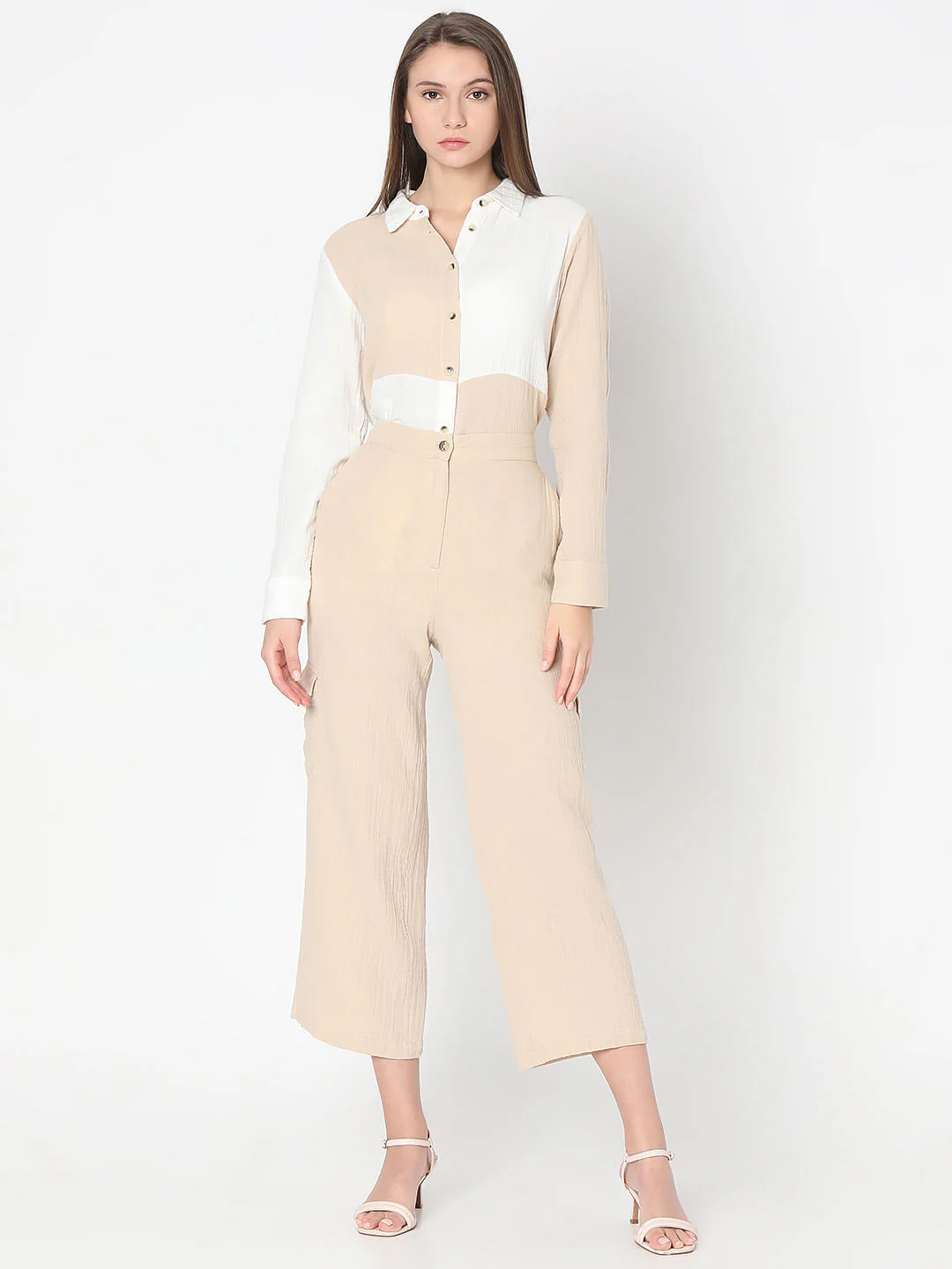 Beige High Rise Cotton Co-Ord Set Pants - Image 5