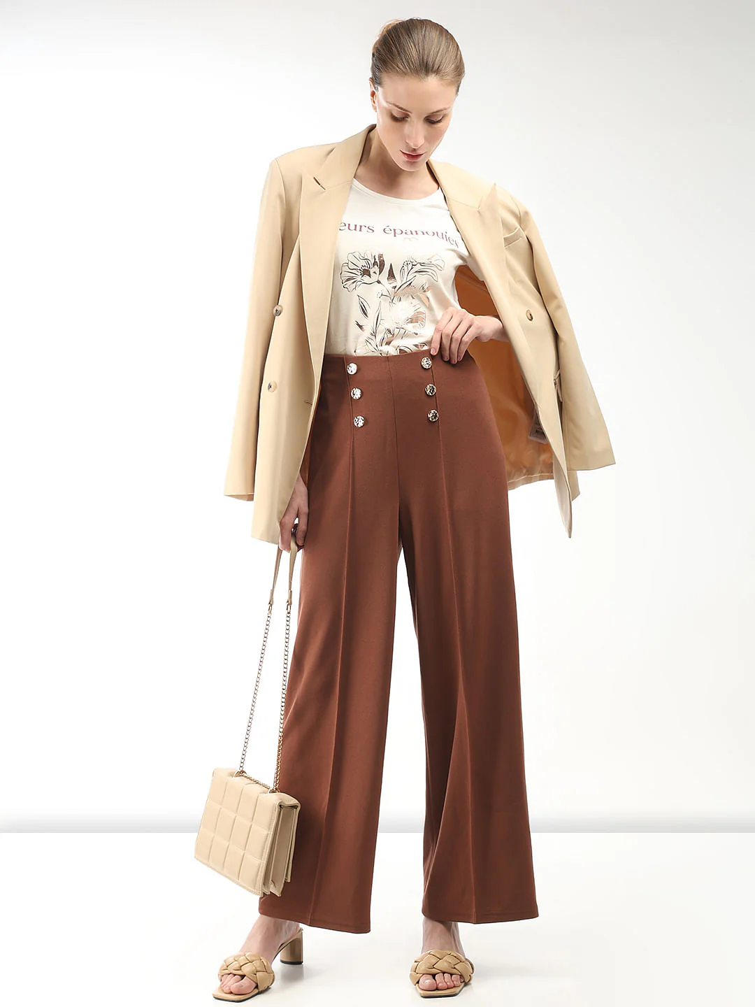 Brown High Rise Straight Fit Pants