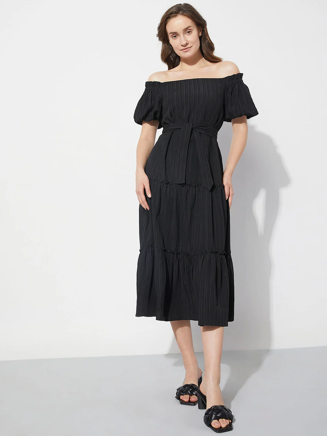 Black Striped Off-Shoulder Midi Dress - Image 2