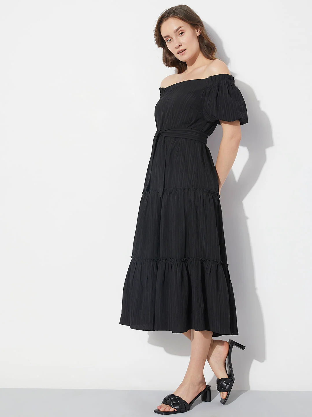 Black Striped Off-Shoulder Midi Dress - Image 3