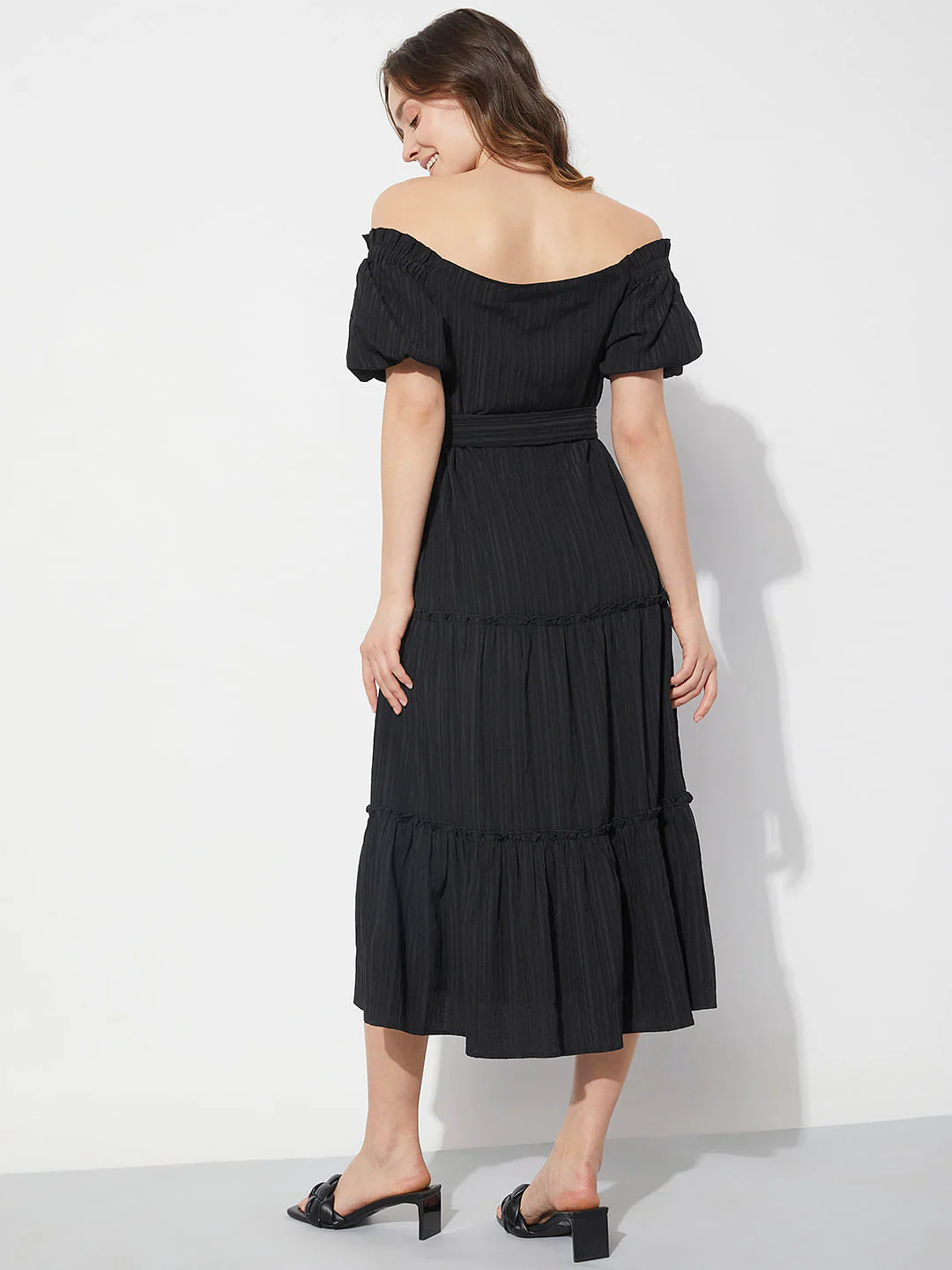 Black Striped Off-Shoulder Midi Dress - Image 4
