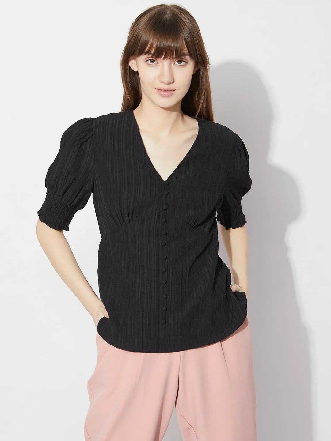 Black V-Neck Striped Top - Image 2