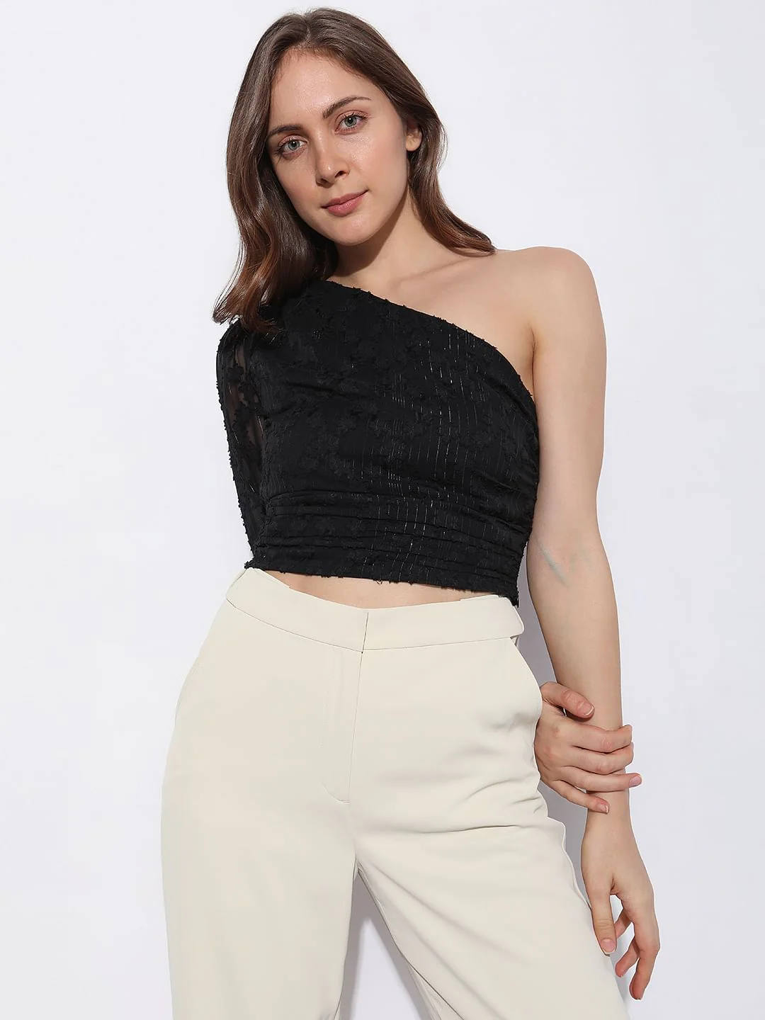 Black Lace One-Shoulder Top - Image 2