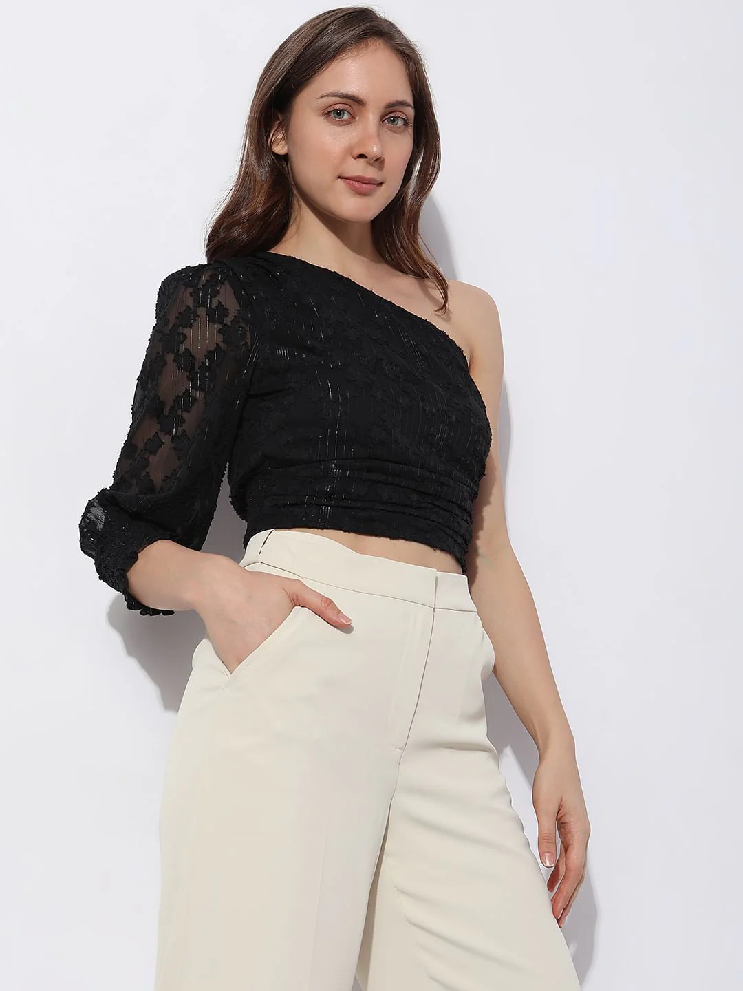Black Lace One-Shoulder Top - Image 3