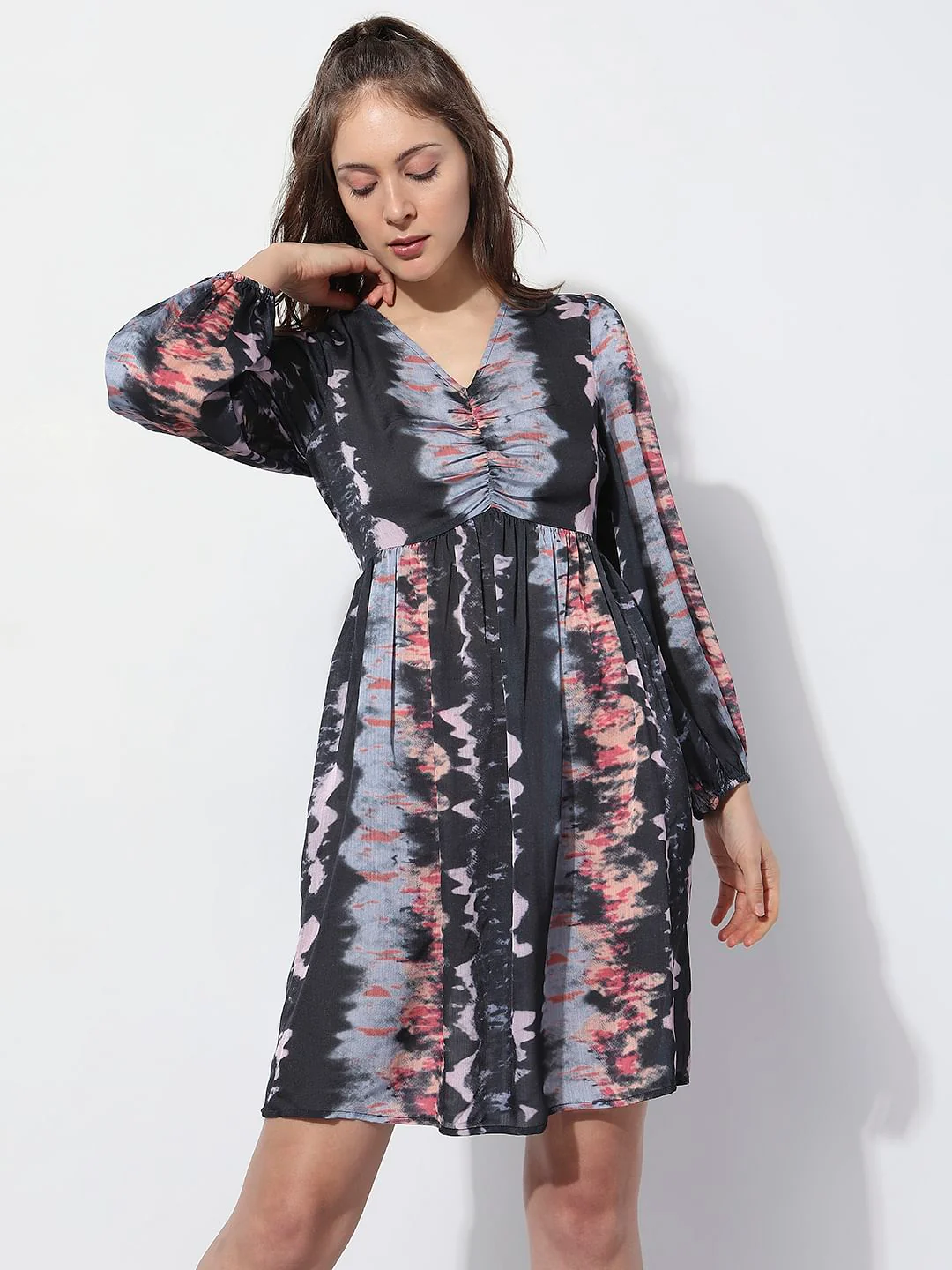 Black Printed Ruched Mini Dress - Image 2